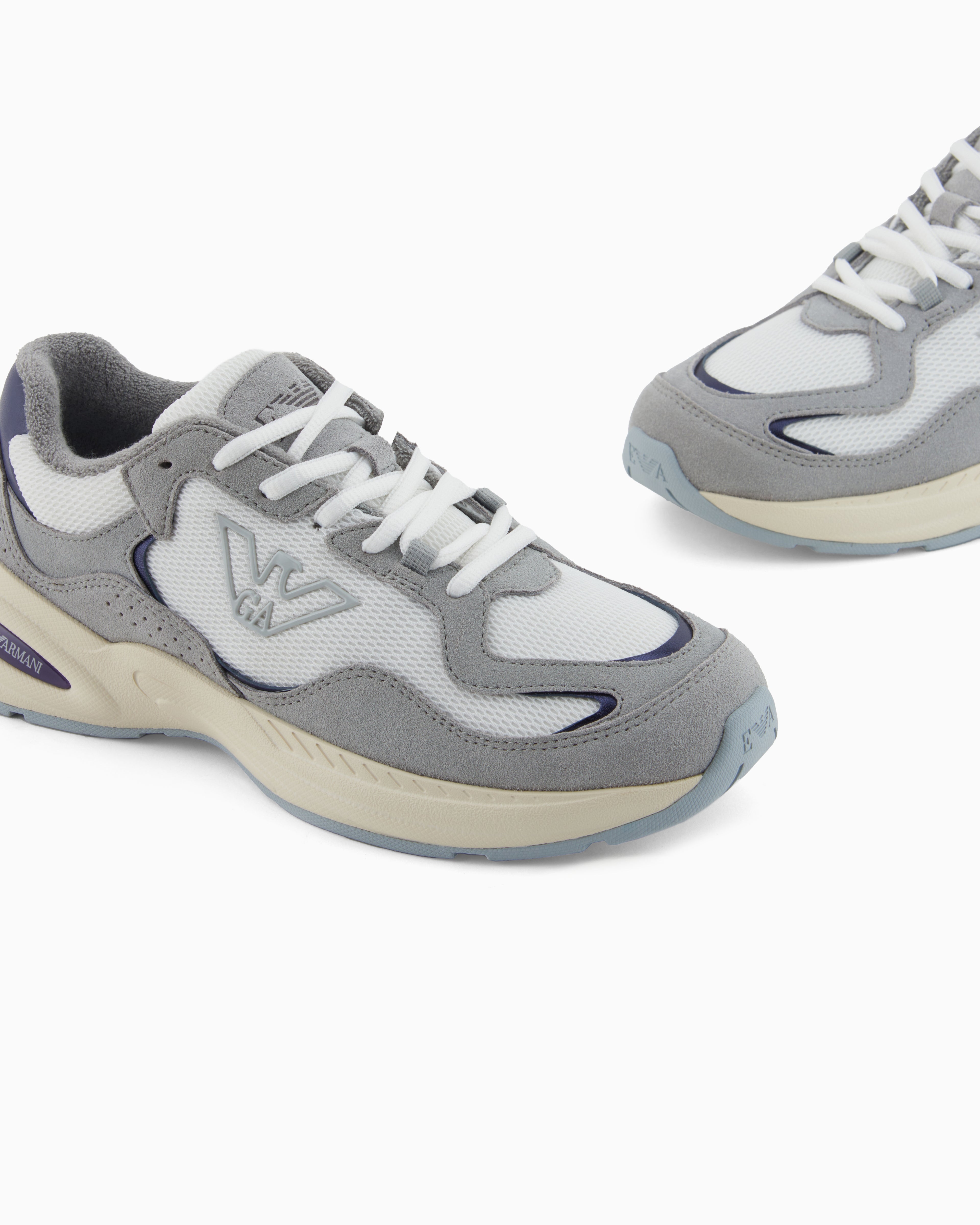 Emporio Armani Mesh Sneakers With Suede Details And An Eagle Logo Grey