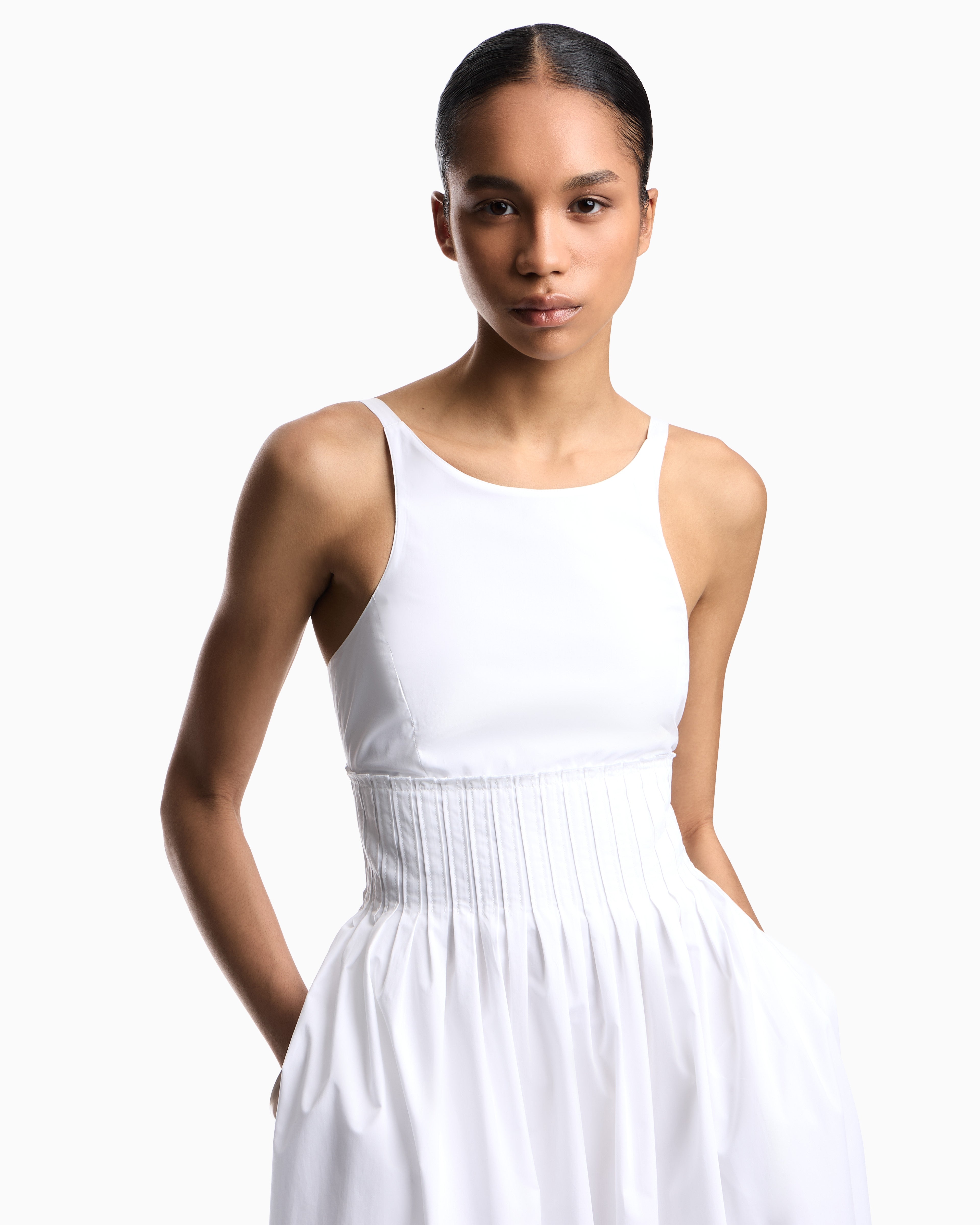 Emporio Armani Long dress in poplin with smocked motif