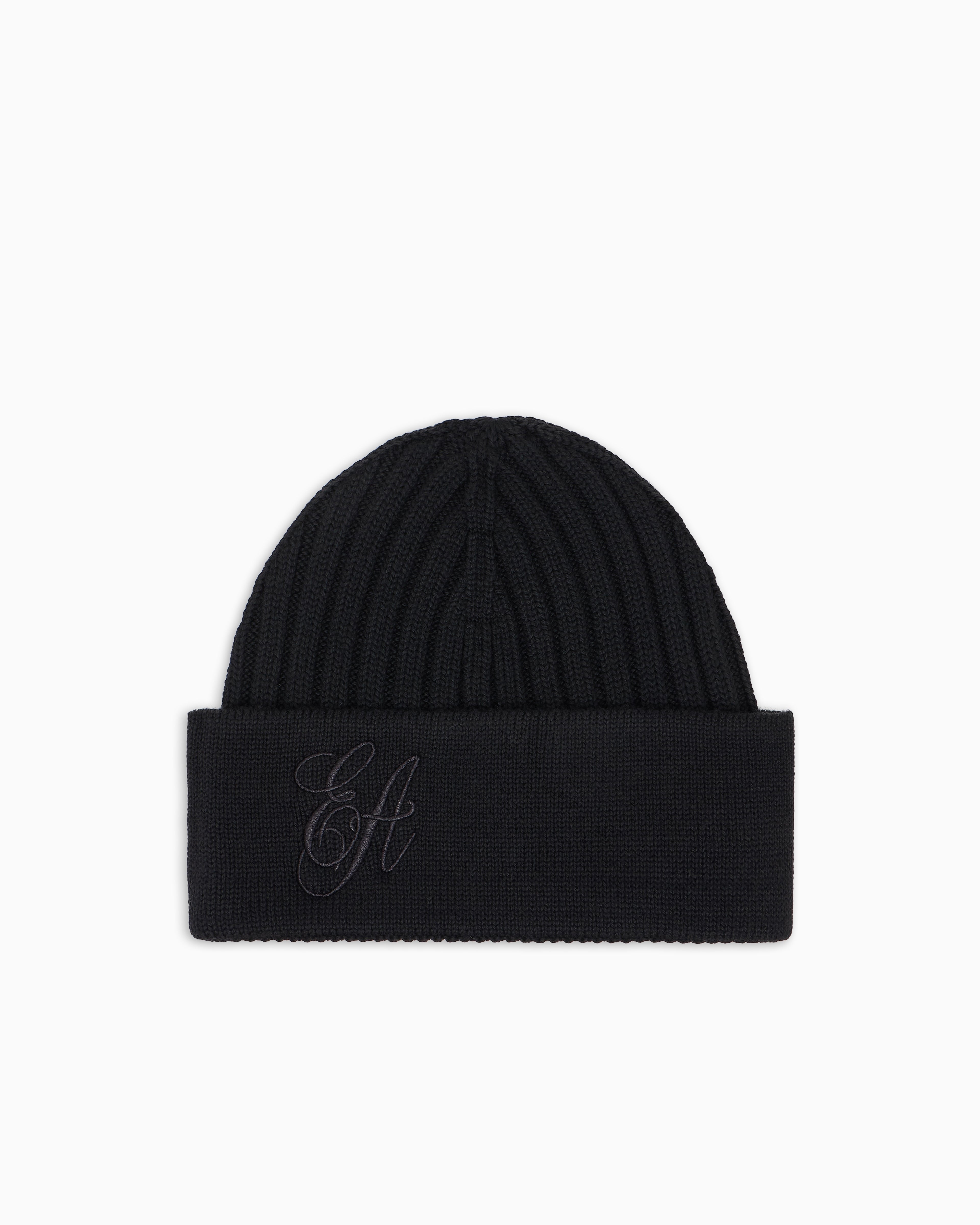 Emporio Armani Ribbed wool beanie with EA signature embroidery
