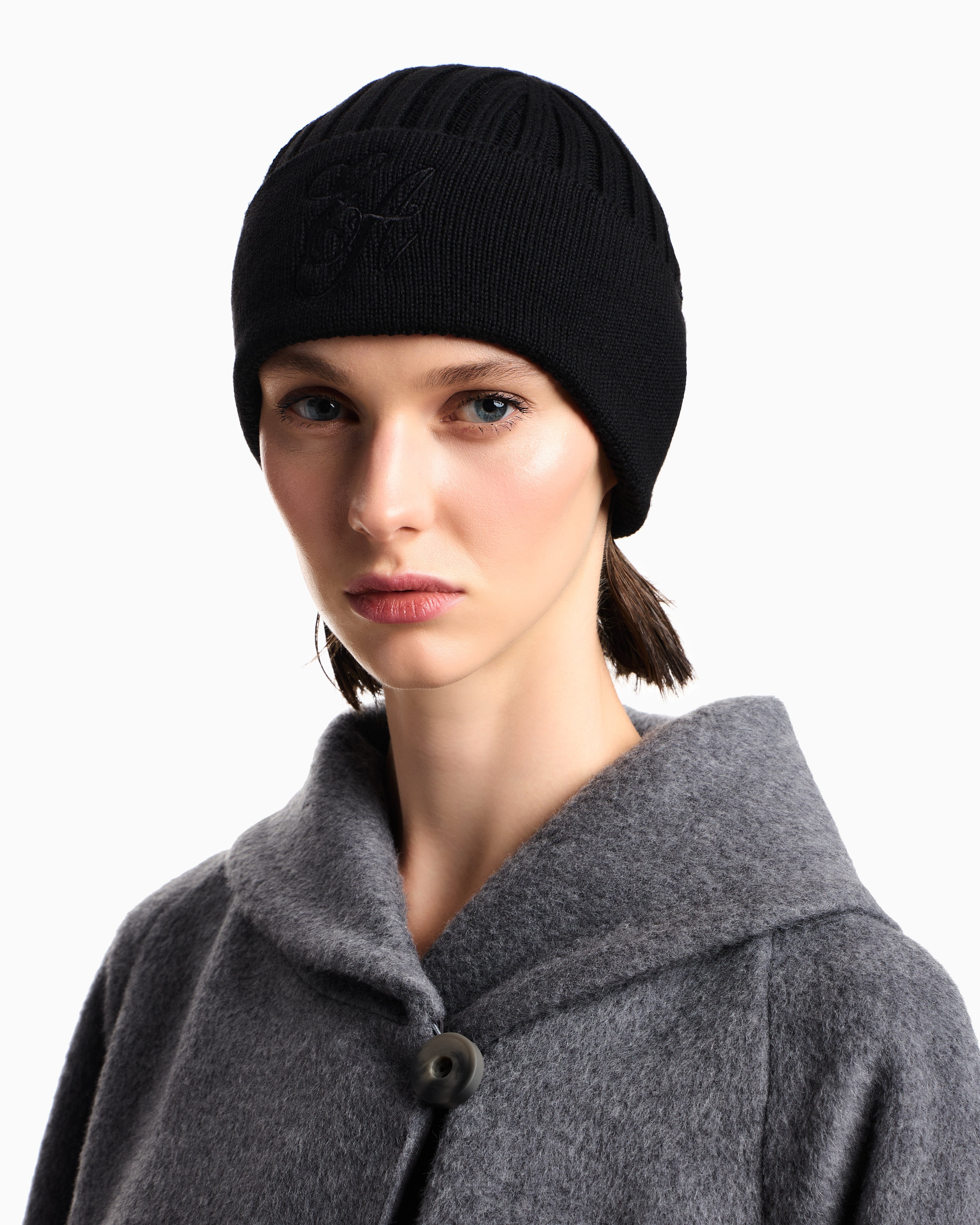 Emporio Armani Ribbed wool beanie with EA signature embroidery