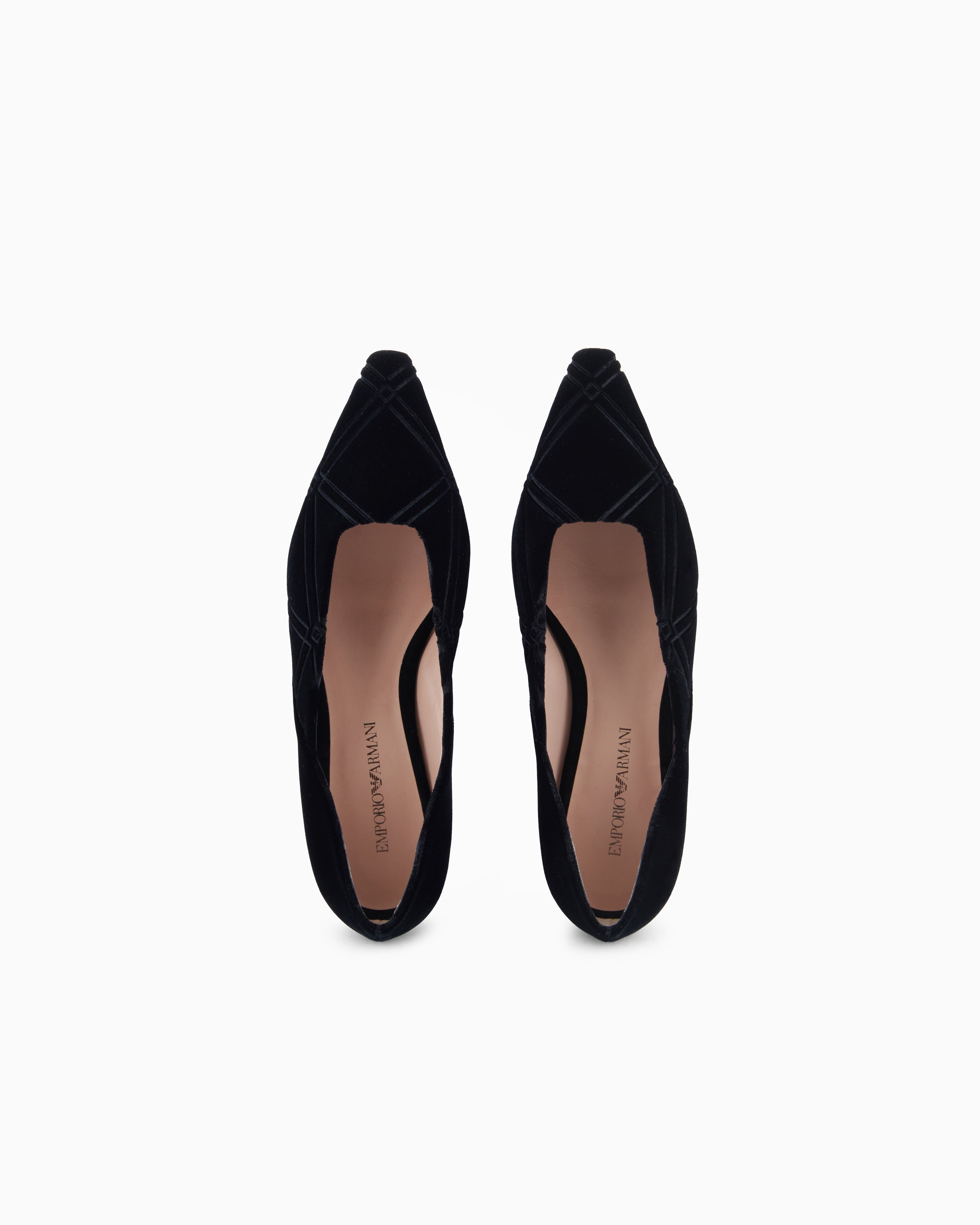 Emporio Armani Embossed Motif Velvet Ballerinas Black