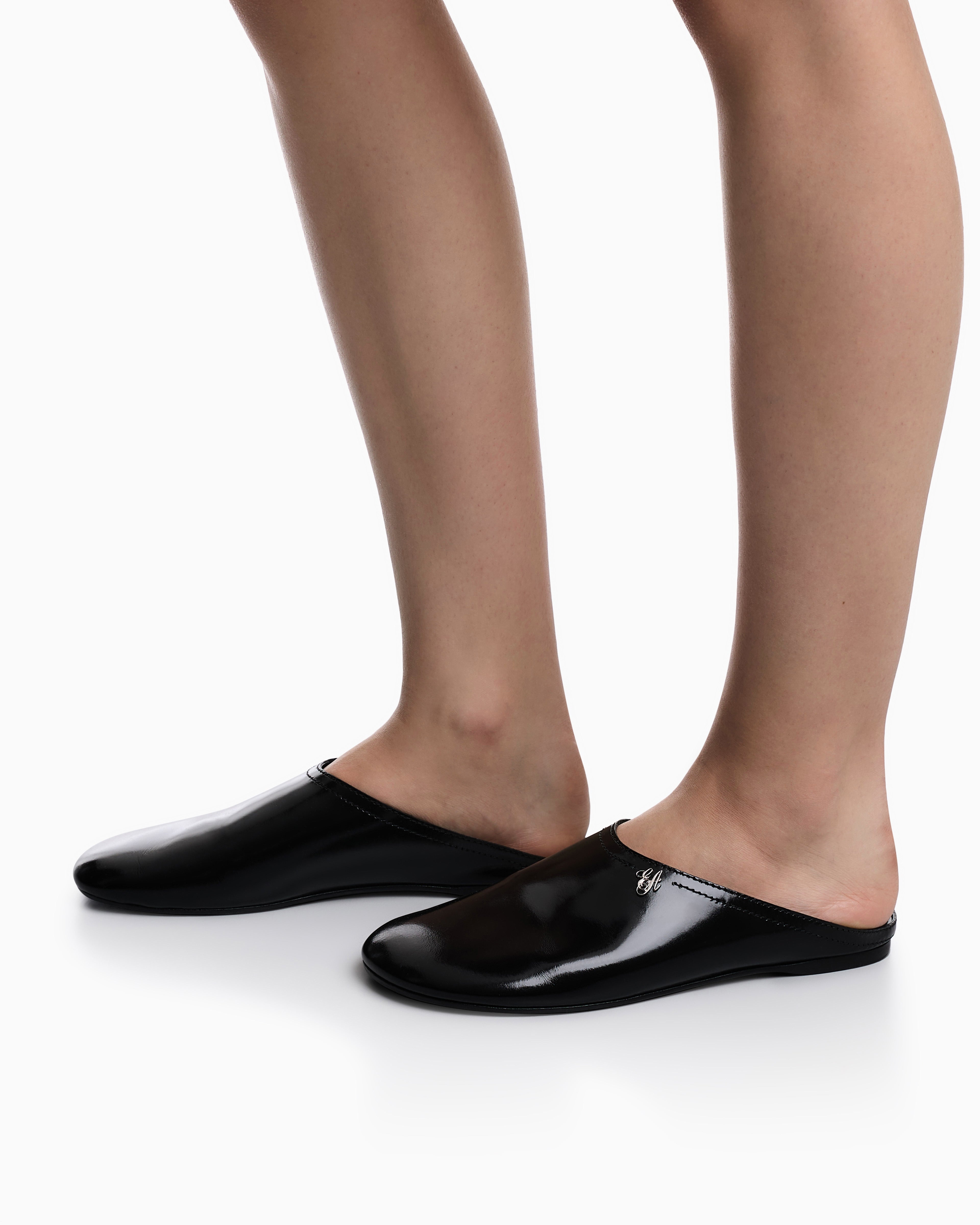 Emporio Armani Mules In Brushed Shiny Leather Black