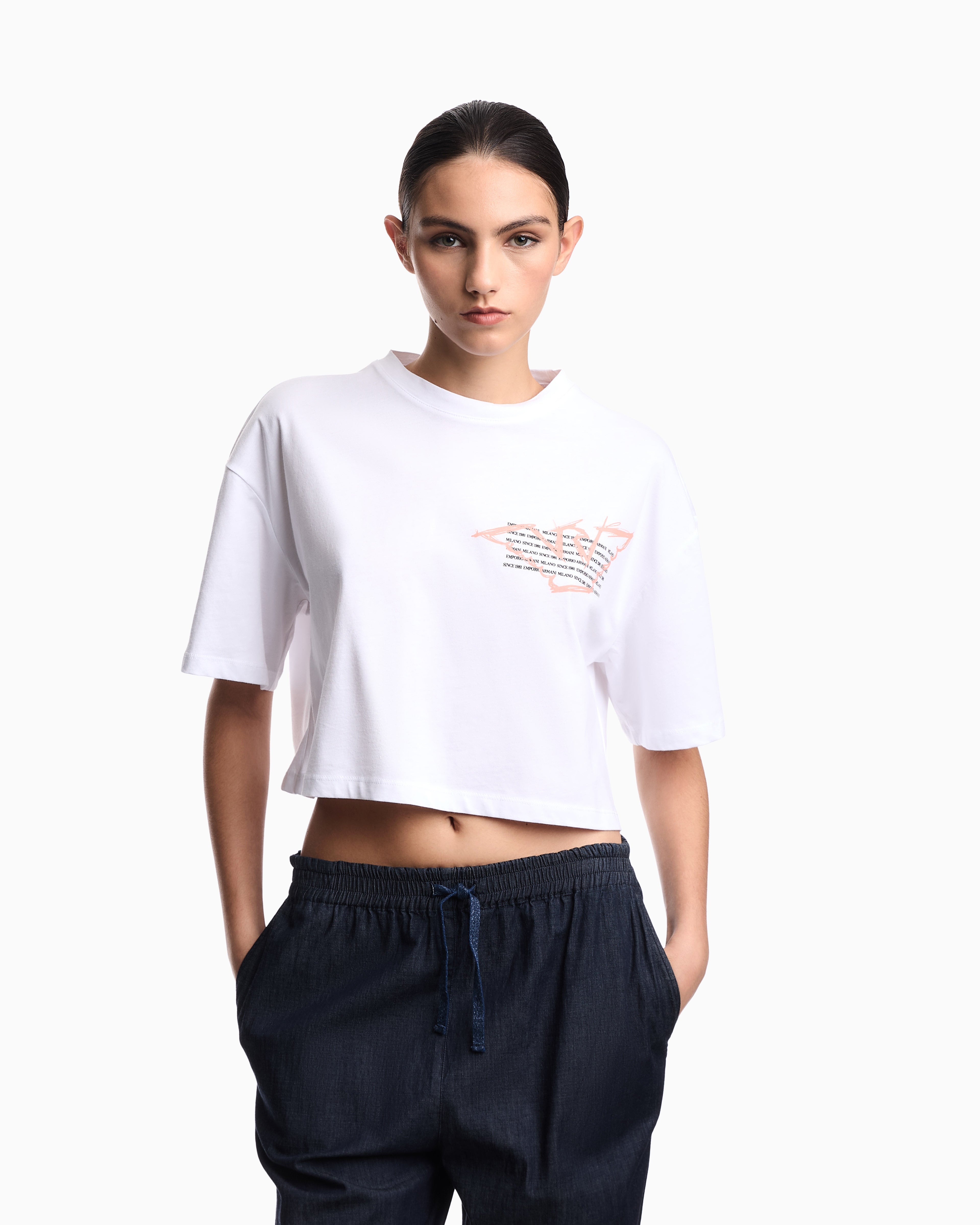 Emporio Armani Three-pack of eagle-print jersey cropped T-shirts