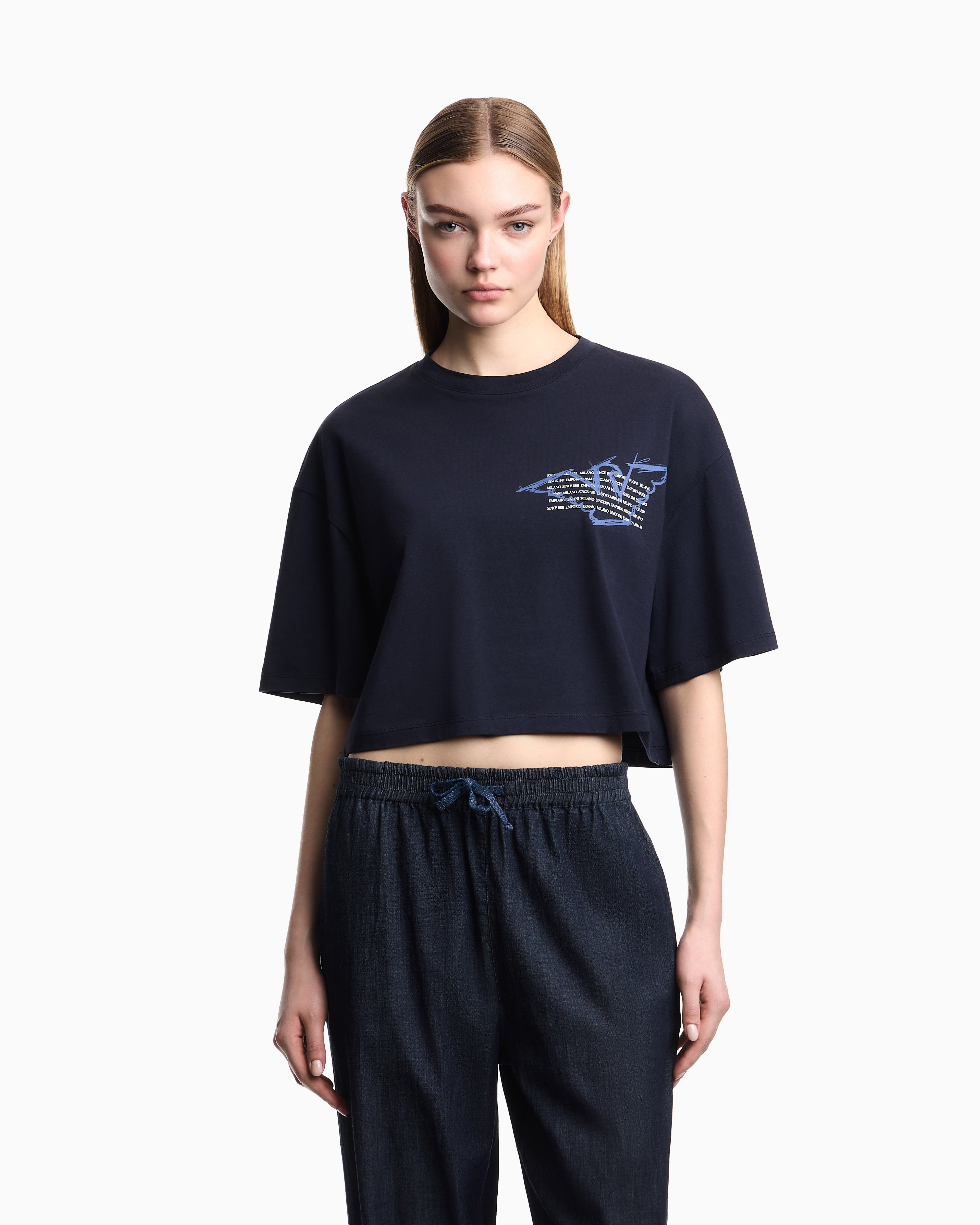 Emporio Armani Three-pack of eagle-print jersey cropped T-shirts