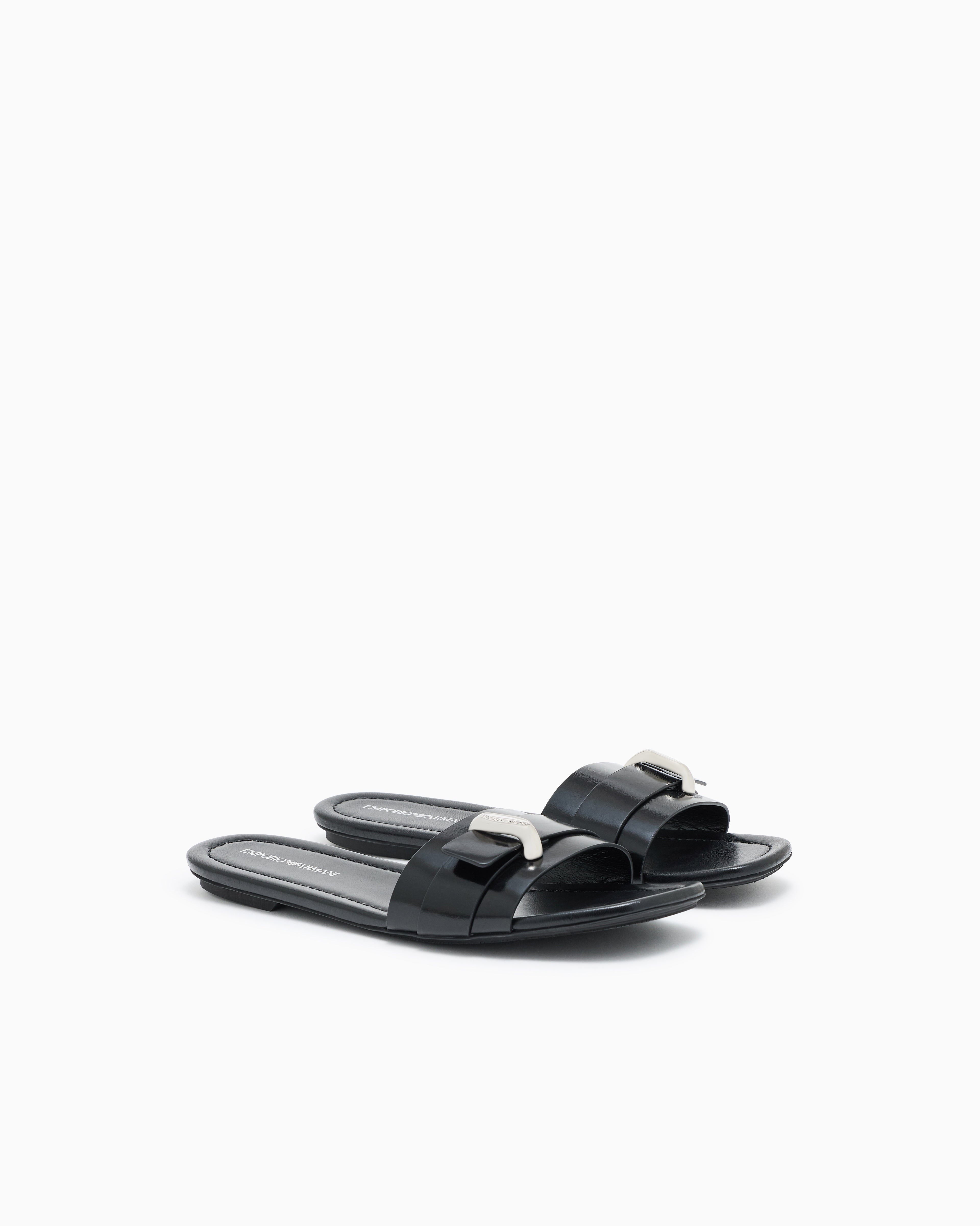 Emporio Armani Shiny Polished Leather Band Sandals Black