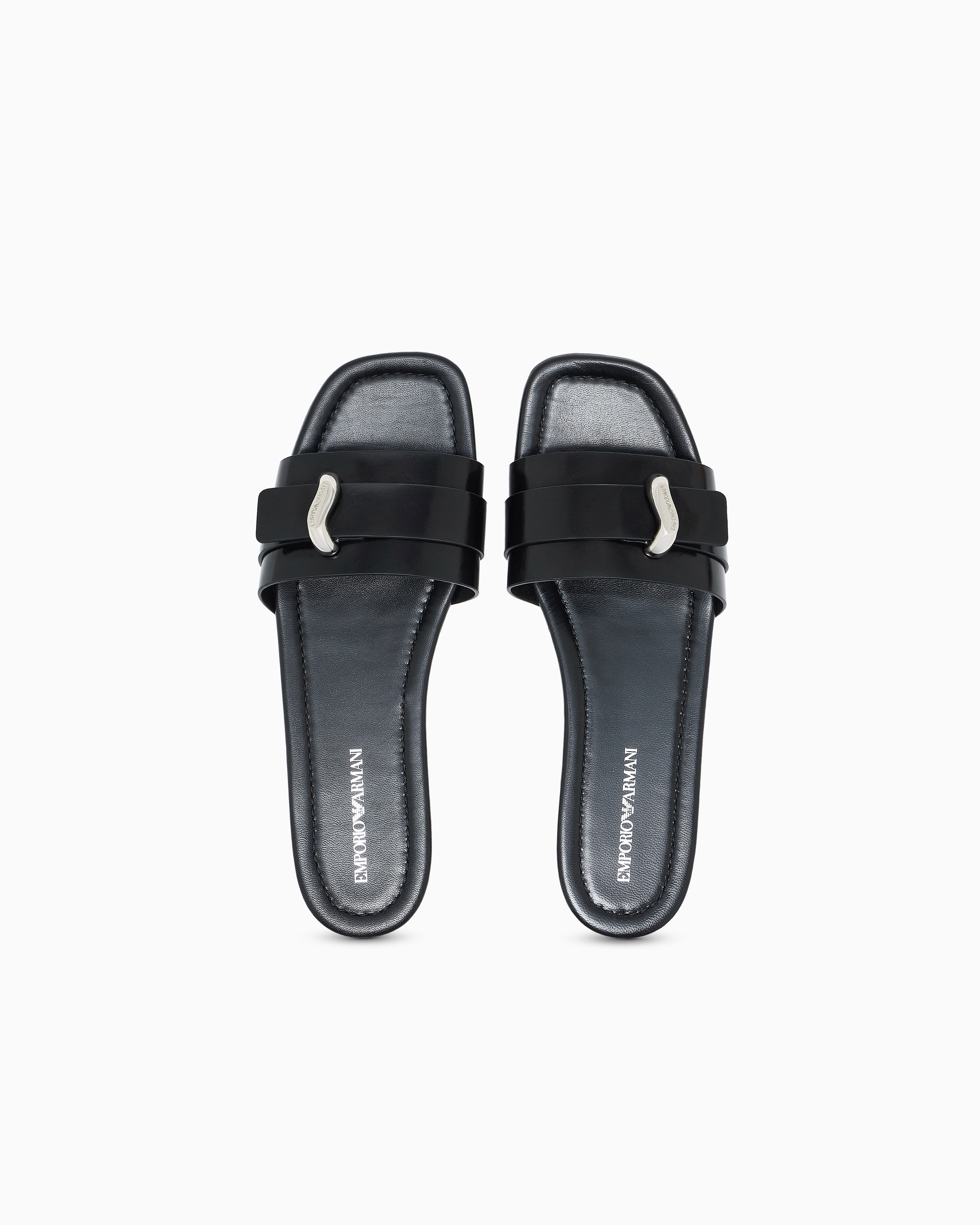 Emporio Armani Shiny Polished Leather Band Sandals Black