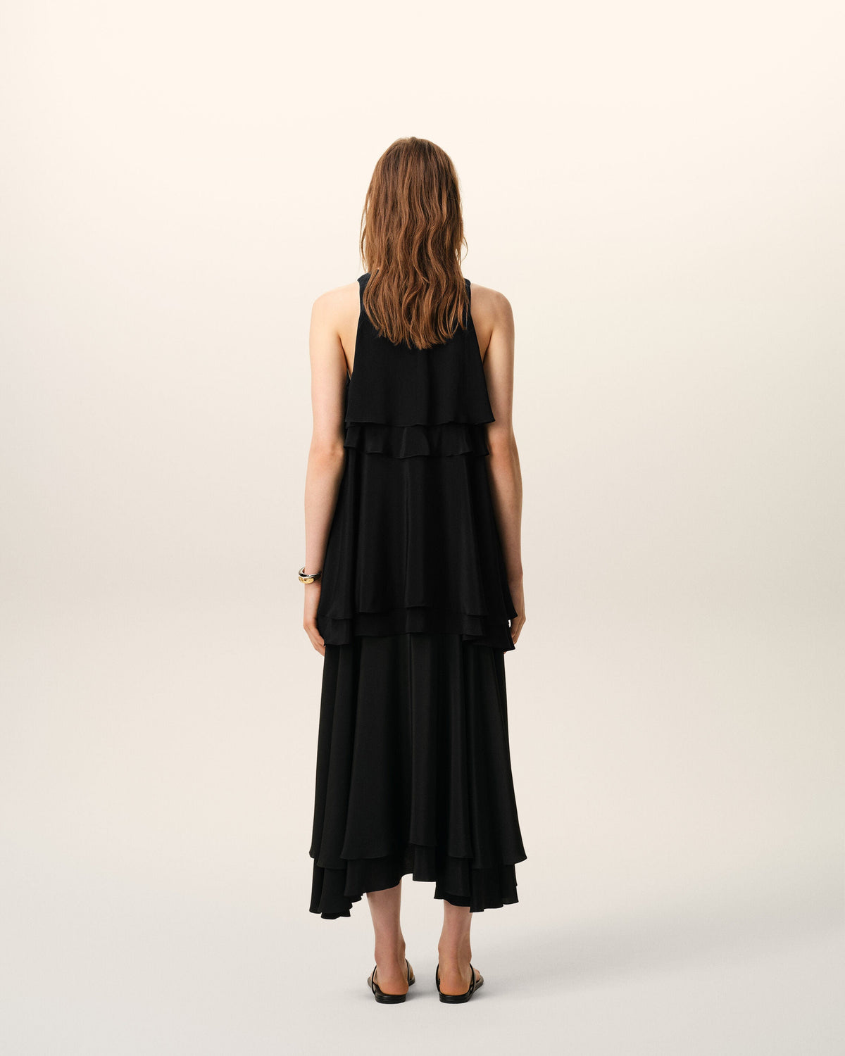 AmiParis Black Blended Silk Long Dress With Ruffles Women's