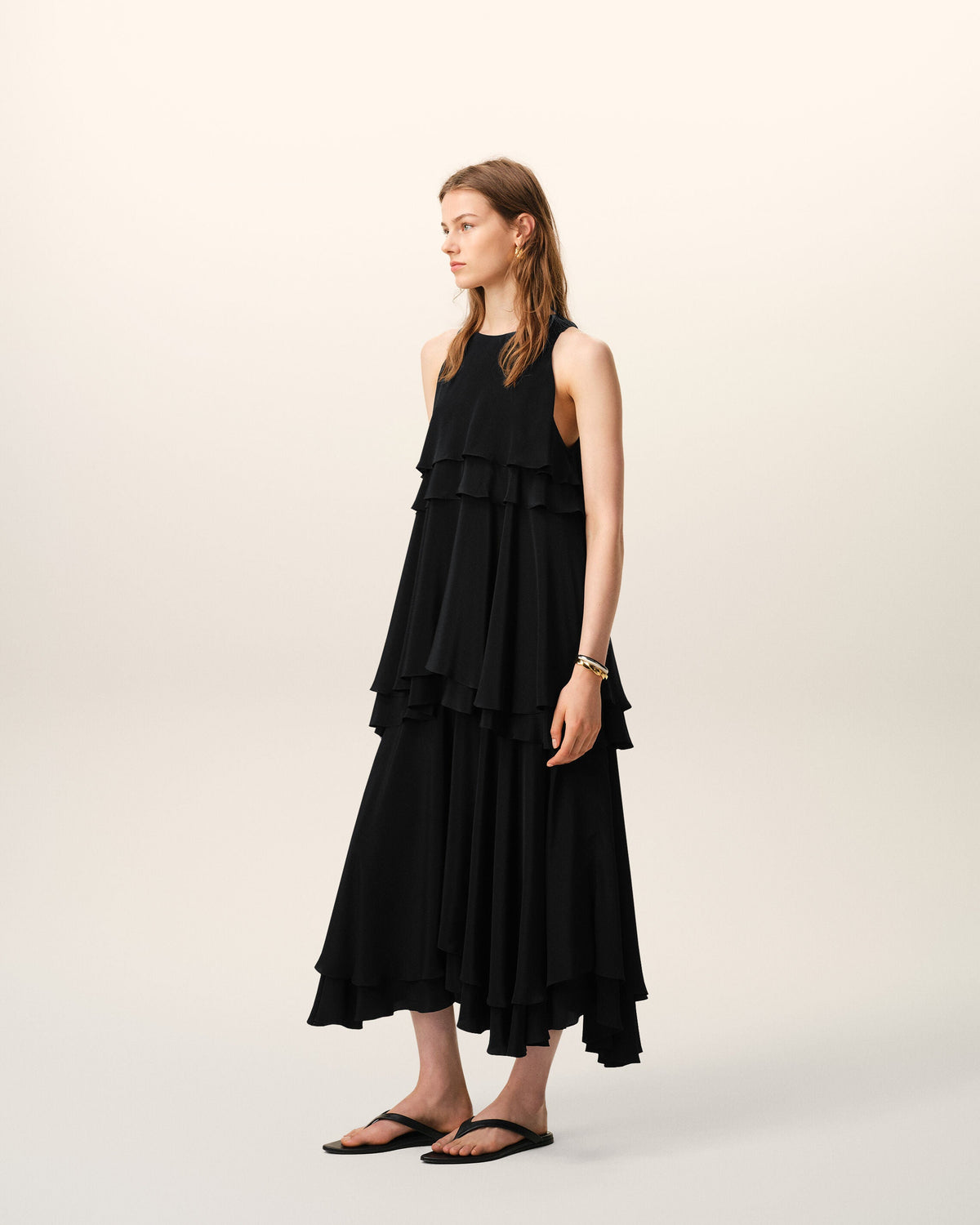 AmiParis Black Blended Silk Long Dress With Ruffles Women's