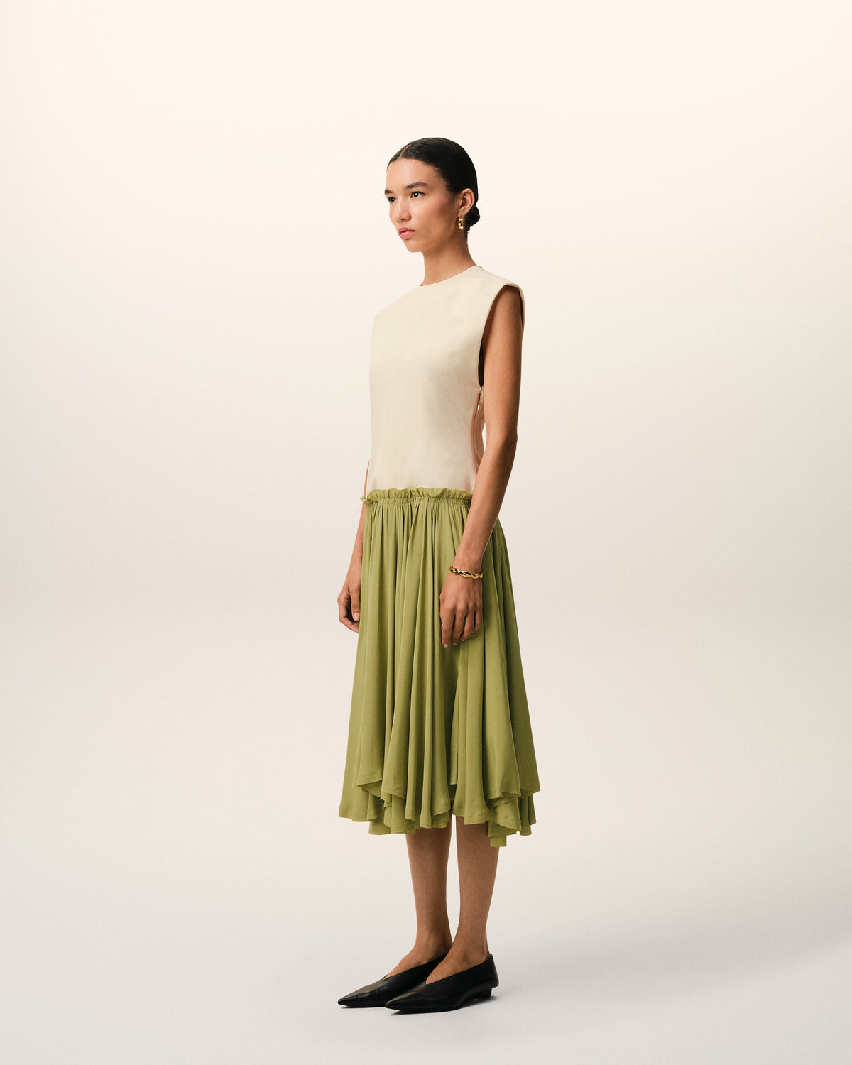 AmiParis White And Green Bicolor New Wool Midi Dress Women's