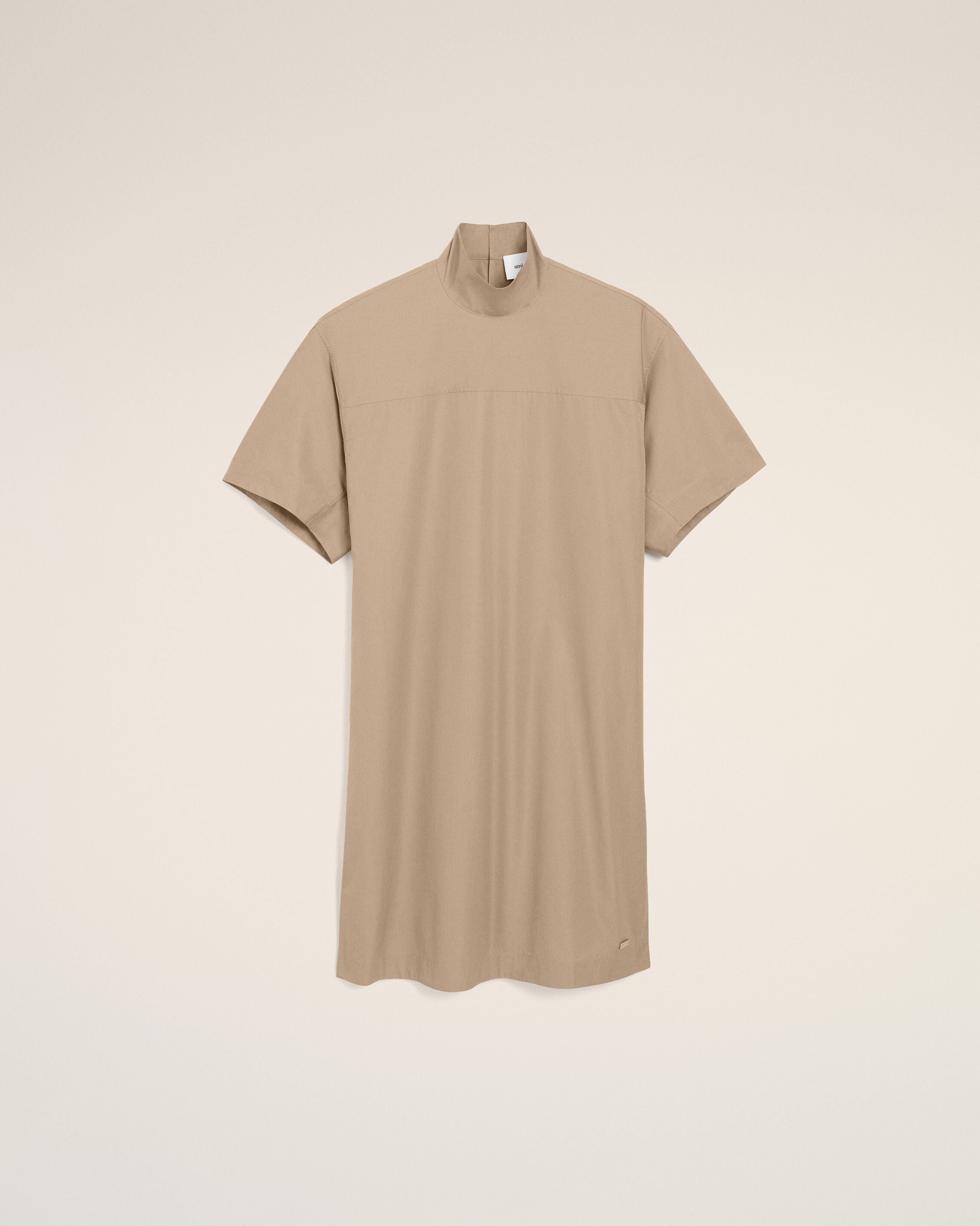 AmiParis Beige Cotton Stand Up Collar Buttoned Dress Women's