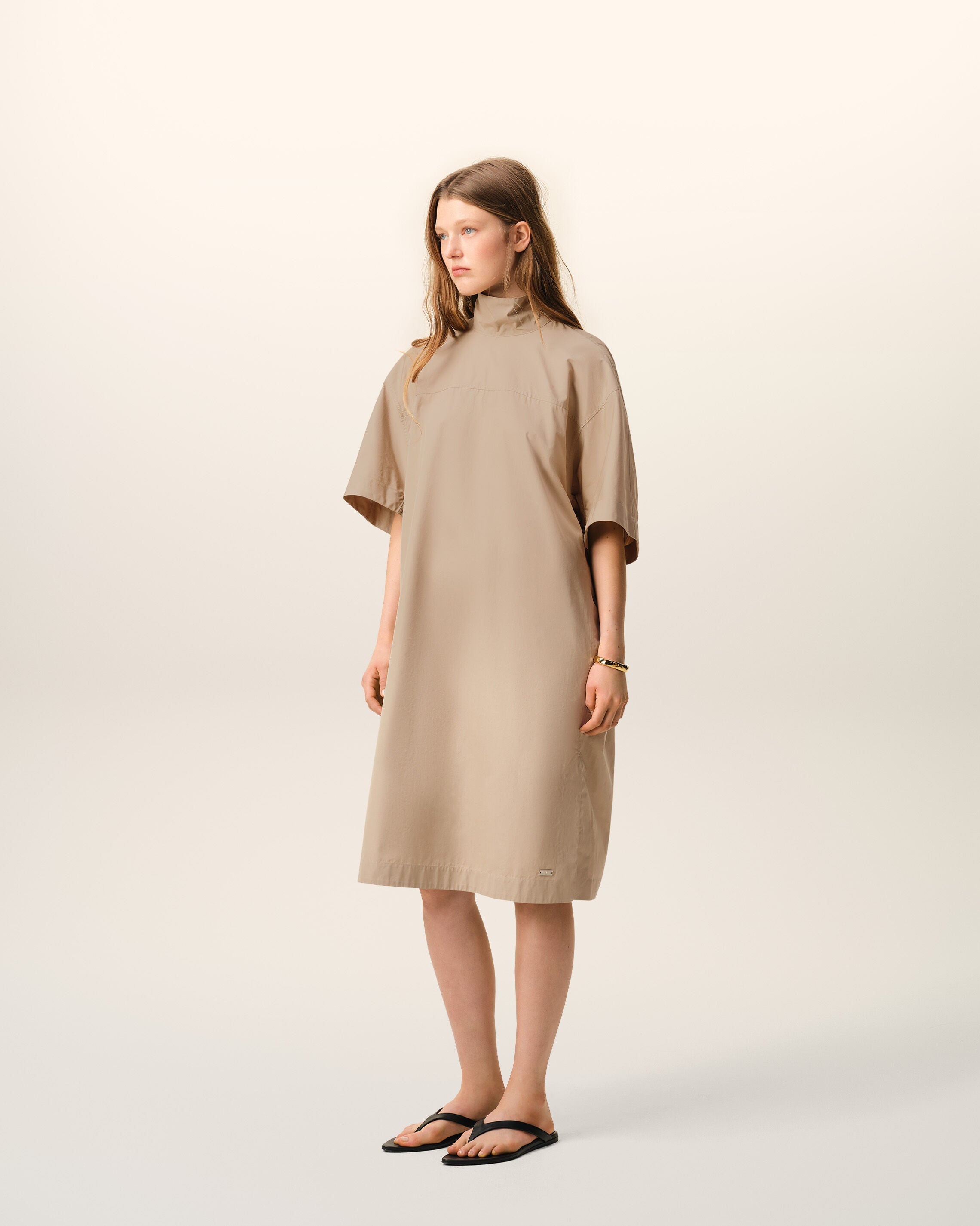 AmiParis Beige Cotton Stand Up Collar Buttoned Dress Women's