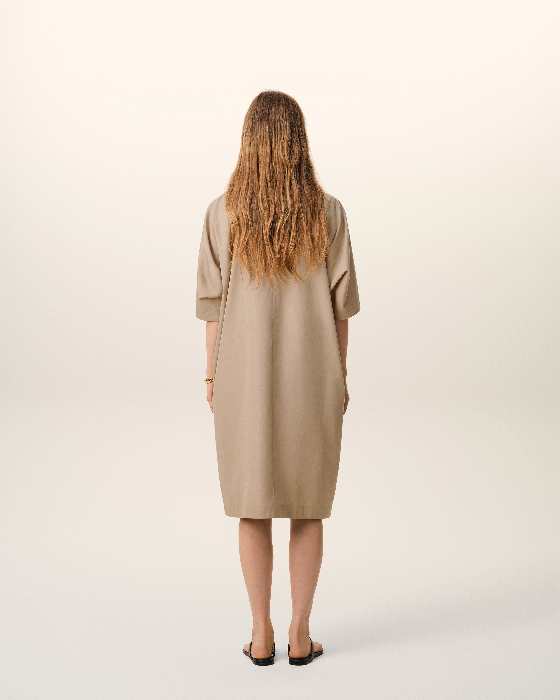 AmiParis Beige Cotton Stand Up Collar Buttoned Dress Women's