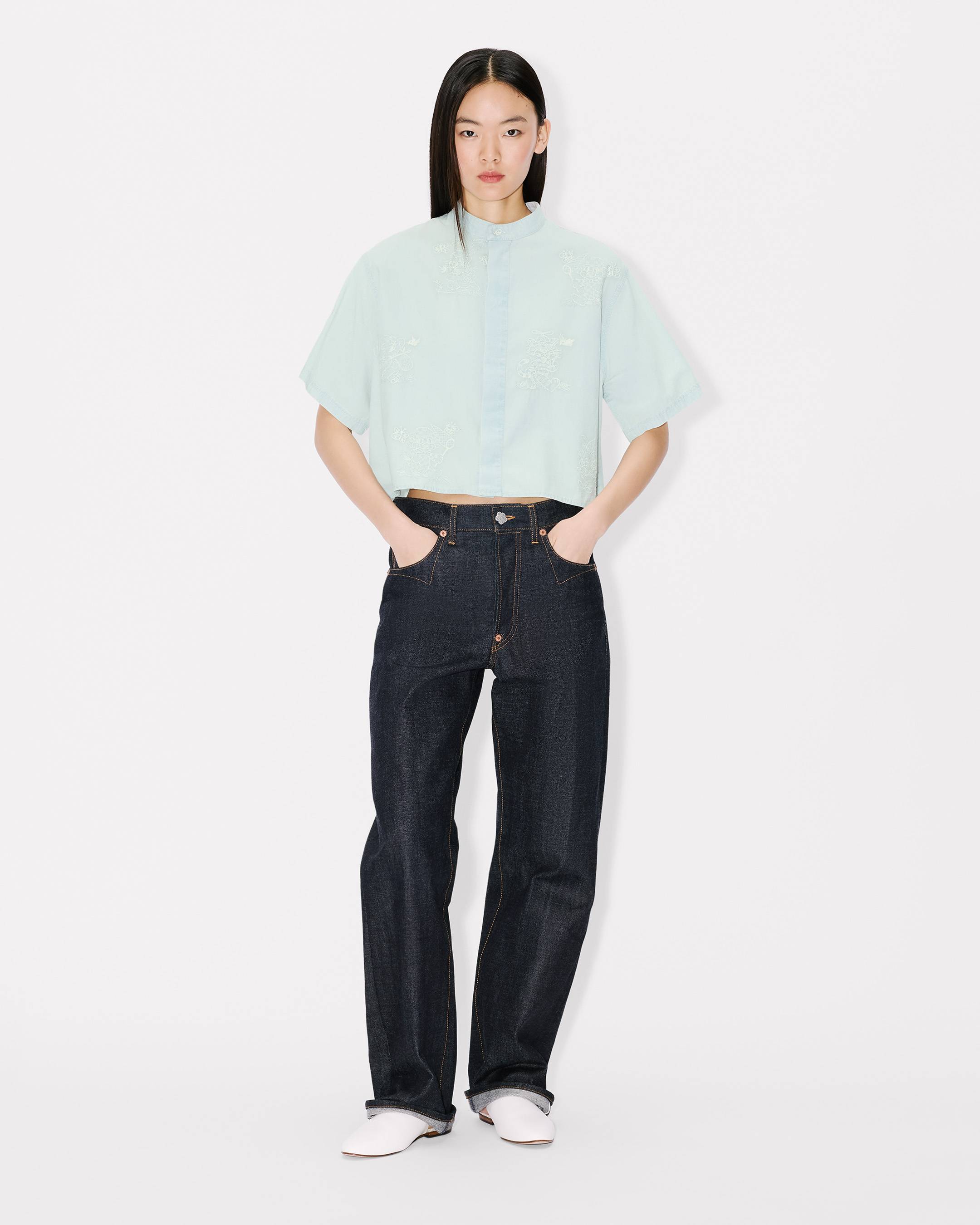 Kenzo Cartoon Embroidered Short Sleeve Shirt In Stone Bleach Chambray Women's