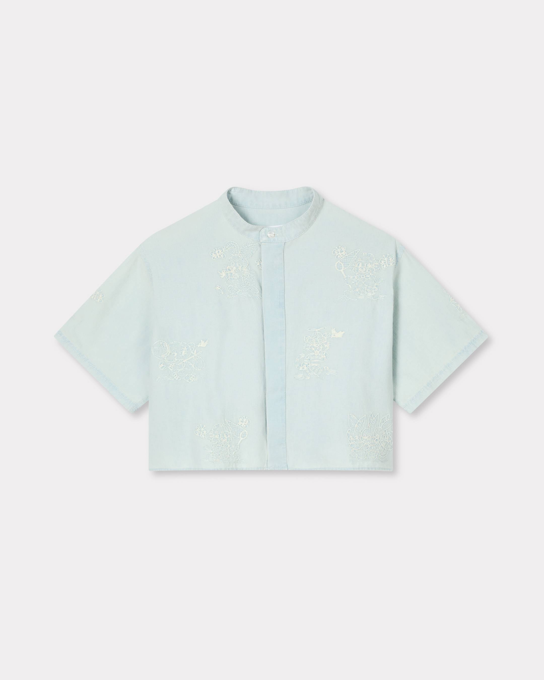 Kenzo Cartoon Embroidered Short Sleeve Shirt In Stone Bleach Chambray Women's