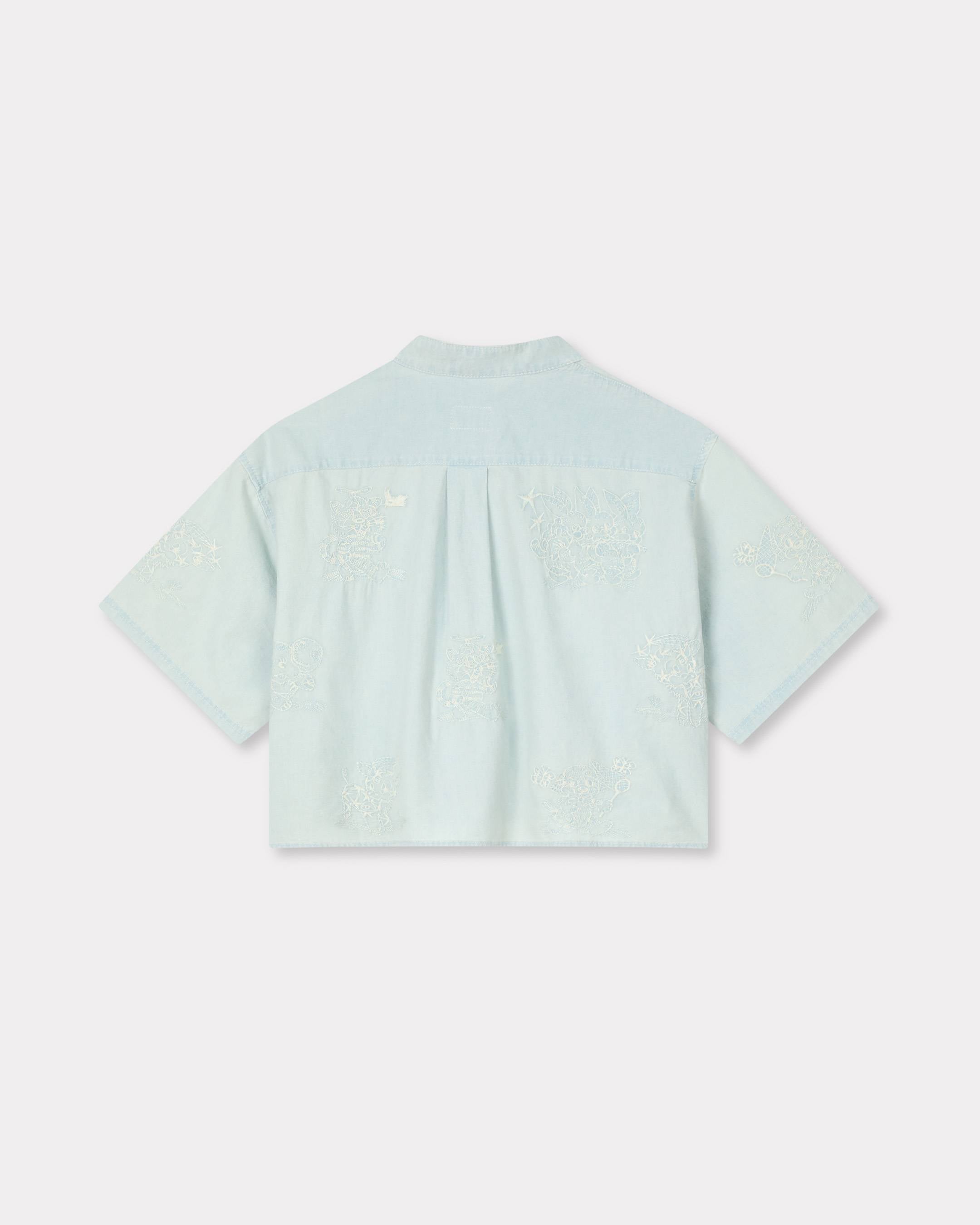 Kenzo Cartoon Embroidered Short Sleeve Shirt In Stone Bleach Chambray Women's