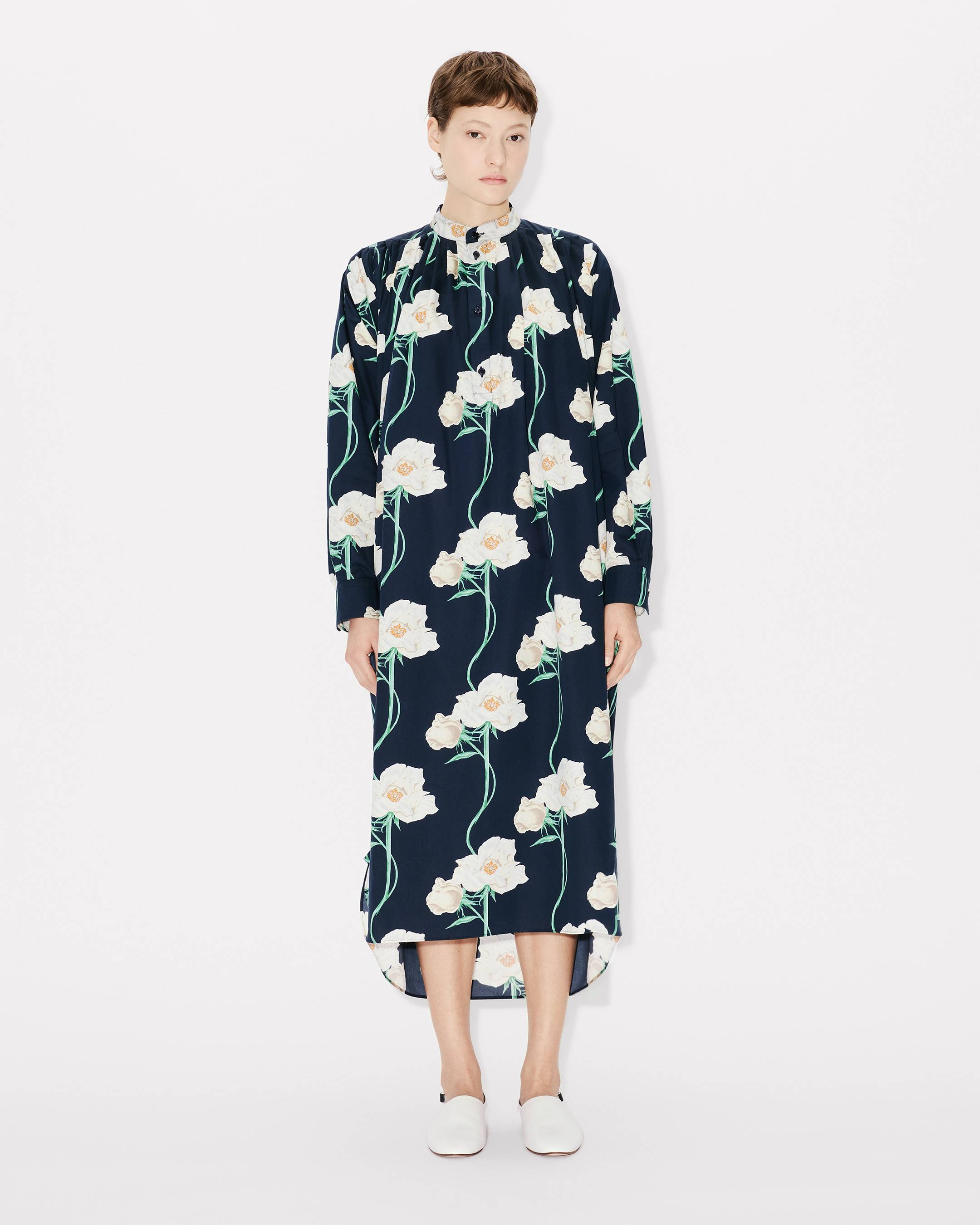 Kenzo Archive Rose Oversized Pleated Long Dress In Coton And Slik Women's