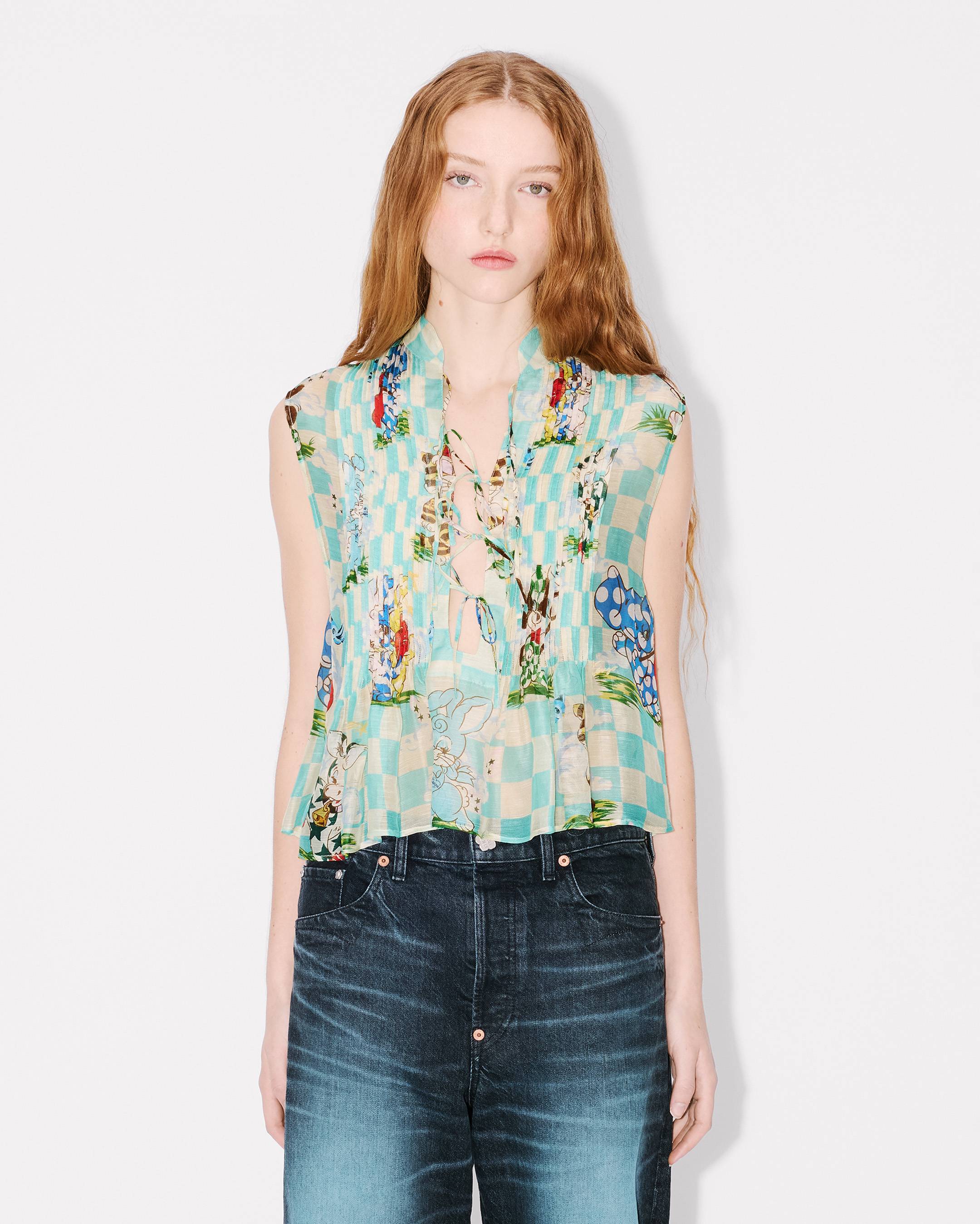 Kenzo Cartoon Sleeveless Top In Mixed Silk Linen Women's
