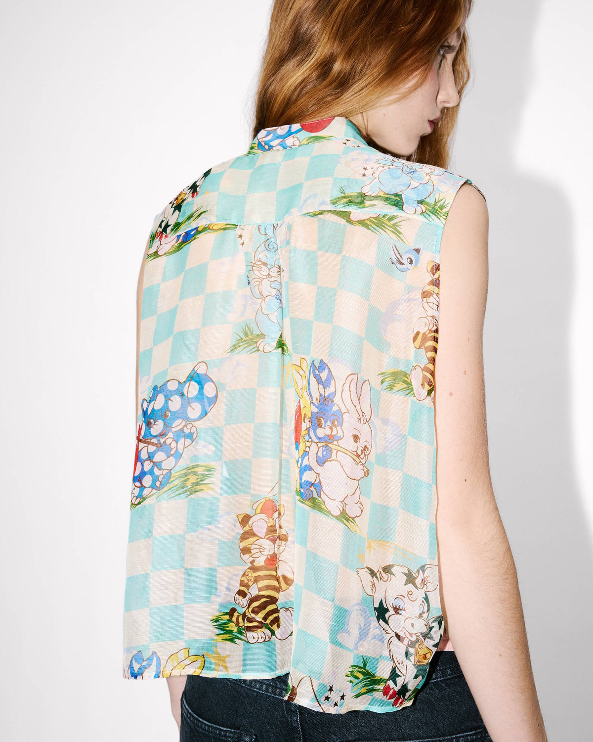 Kenzo Cartoon Sleeveless Top In Mixed Silk Linen Women's