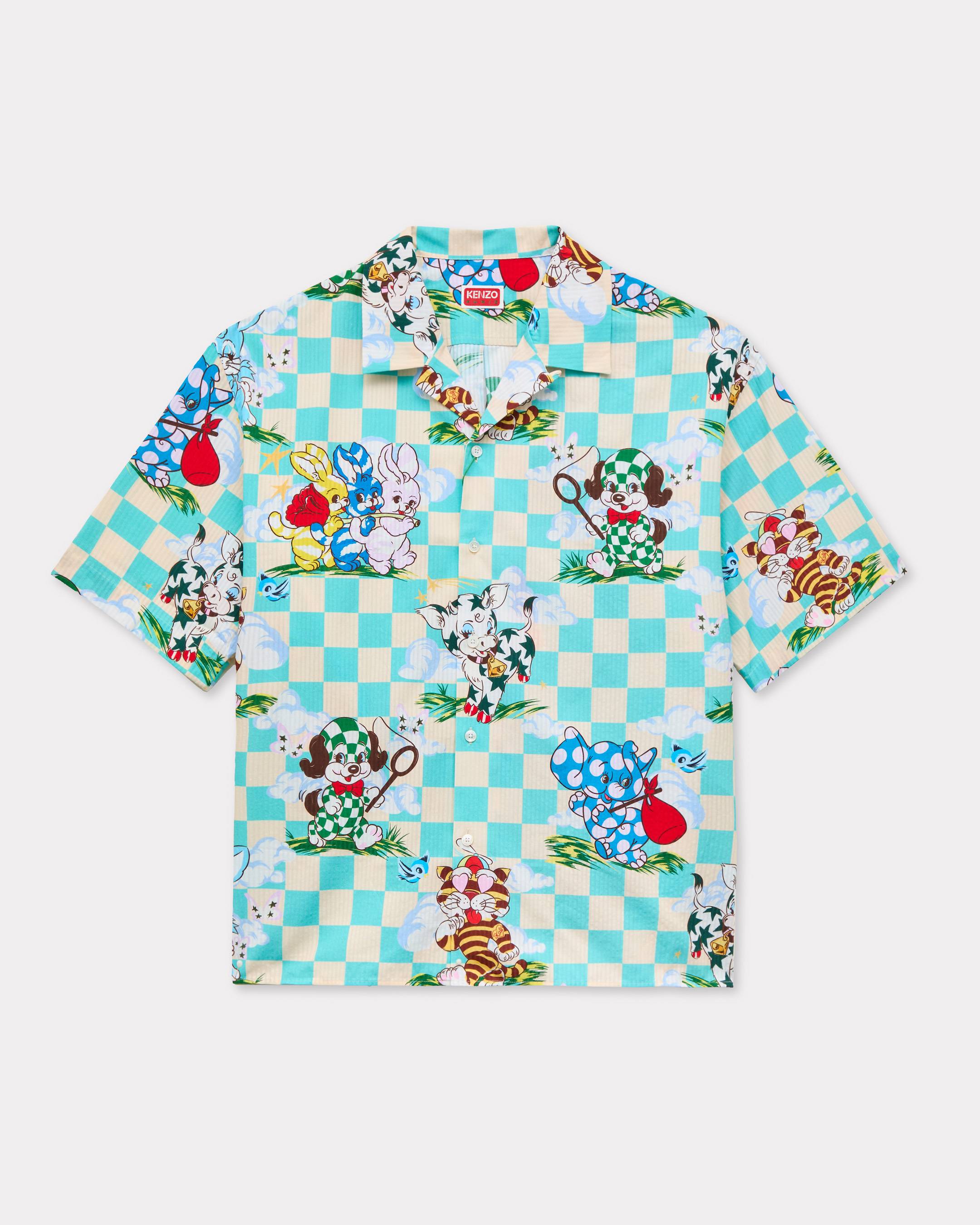Kenzo Cartoon Hawaiian Short Sleeve Shirt In Cotton Seersucker