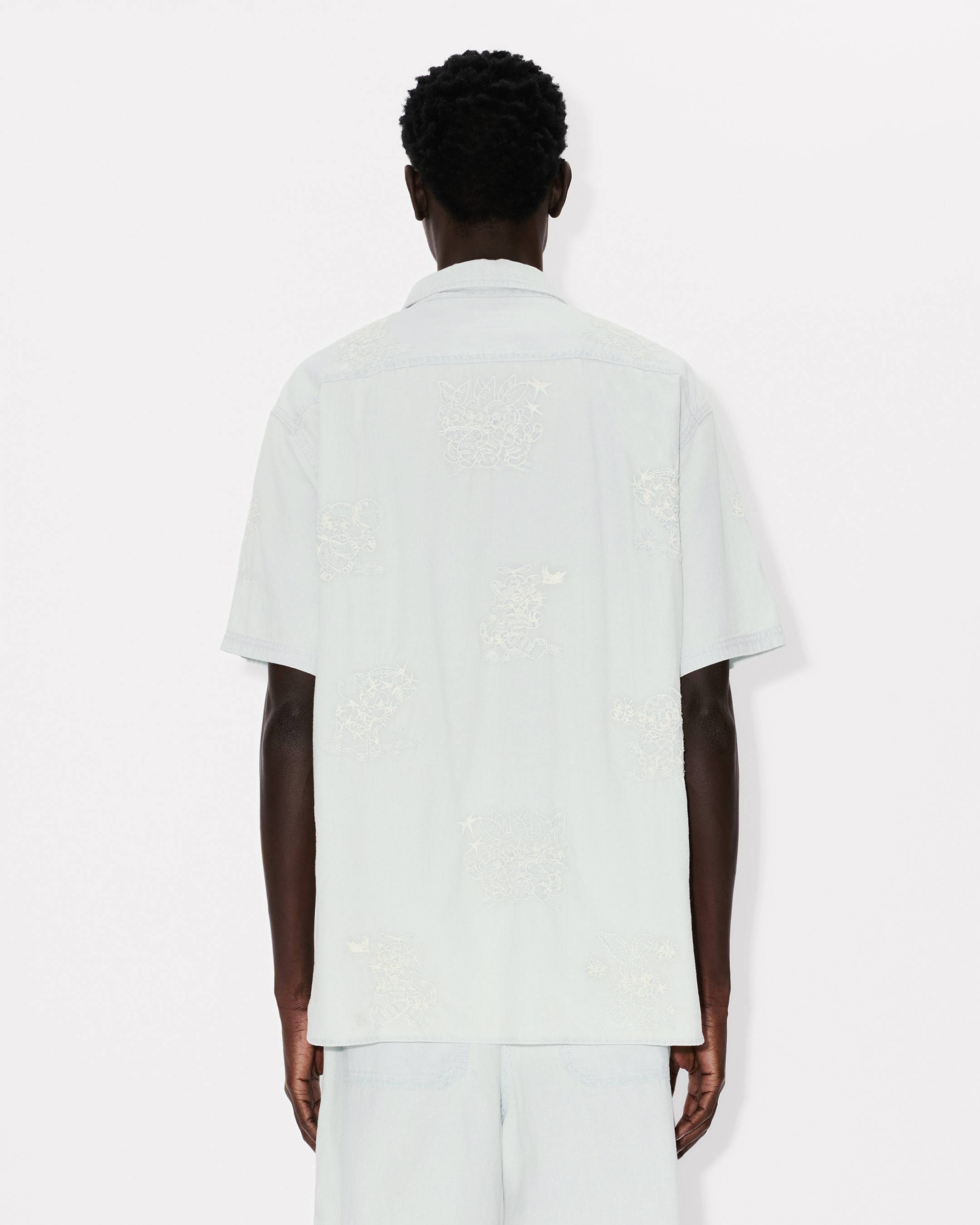 Kenzo Cartoon Embroidered Short Sleeve Shirt In Stone Bleach Chambray