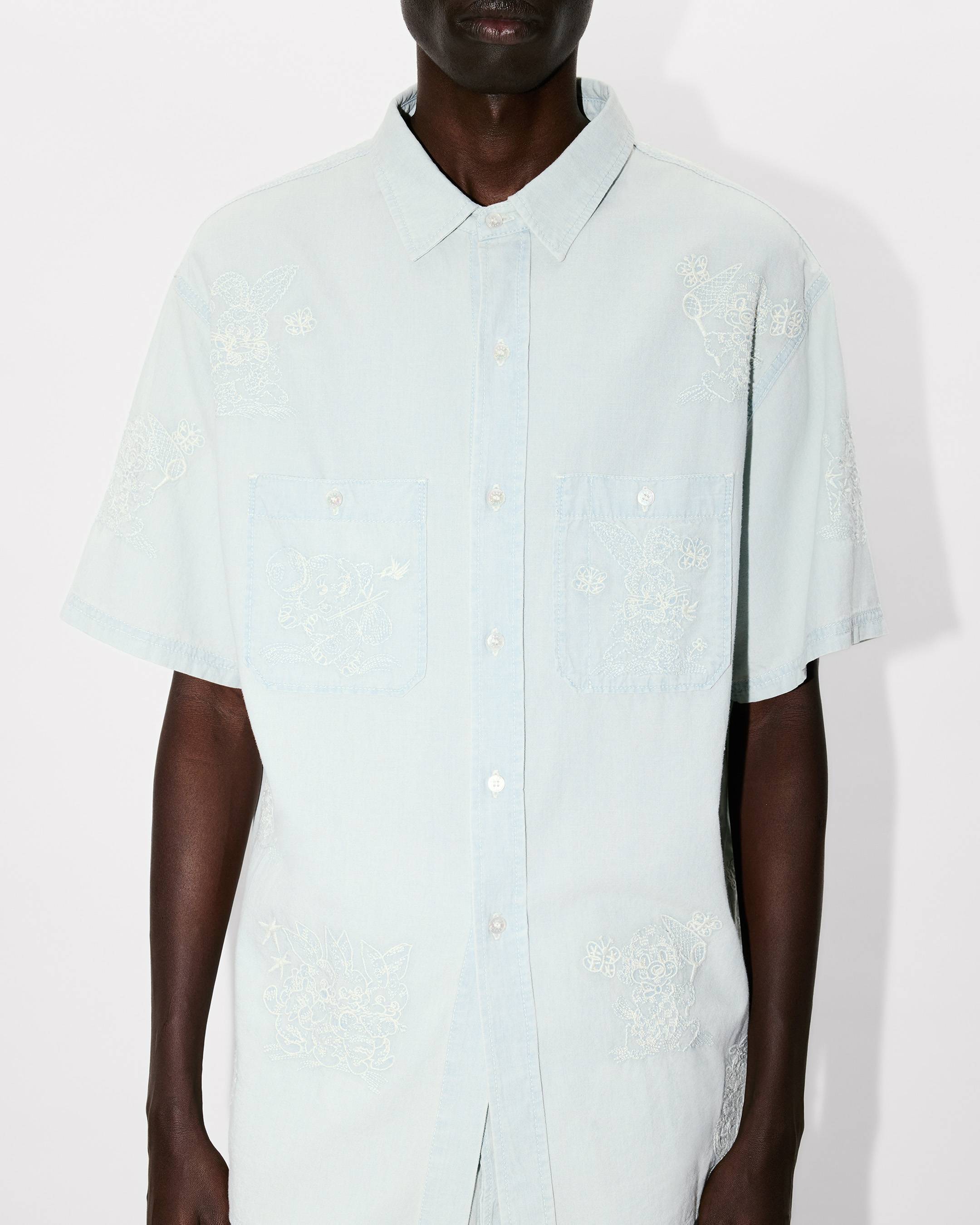 Kenzo Cartoon Embroidered Short Sleeve Shirt In Stone Bleach Chambray