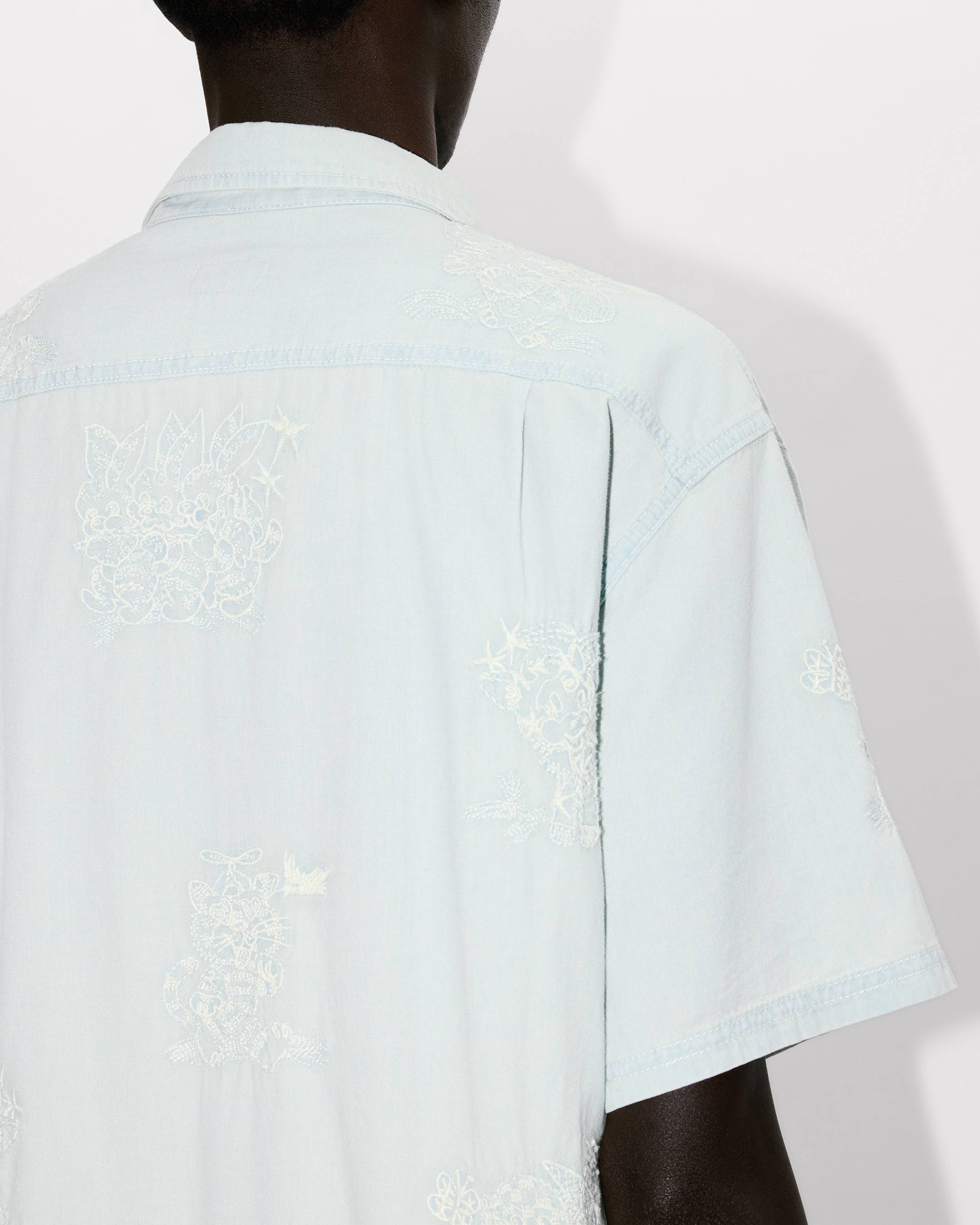 Kenzo Cartoon Embroidered Short Sleeve Shirt In Stone Bleach Chambray