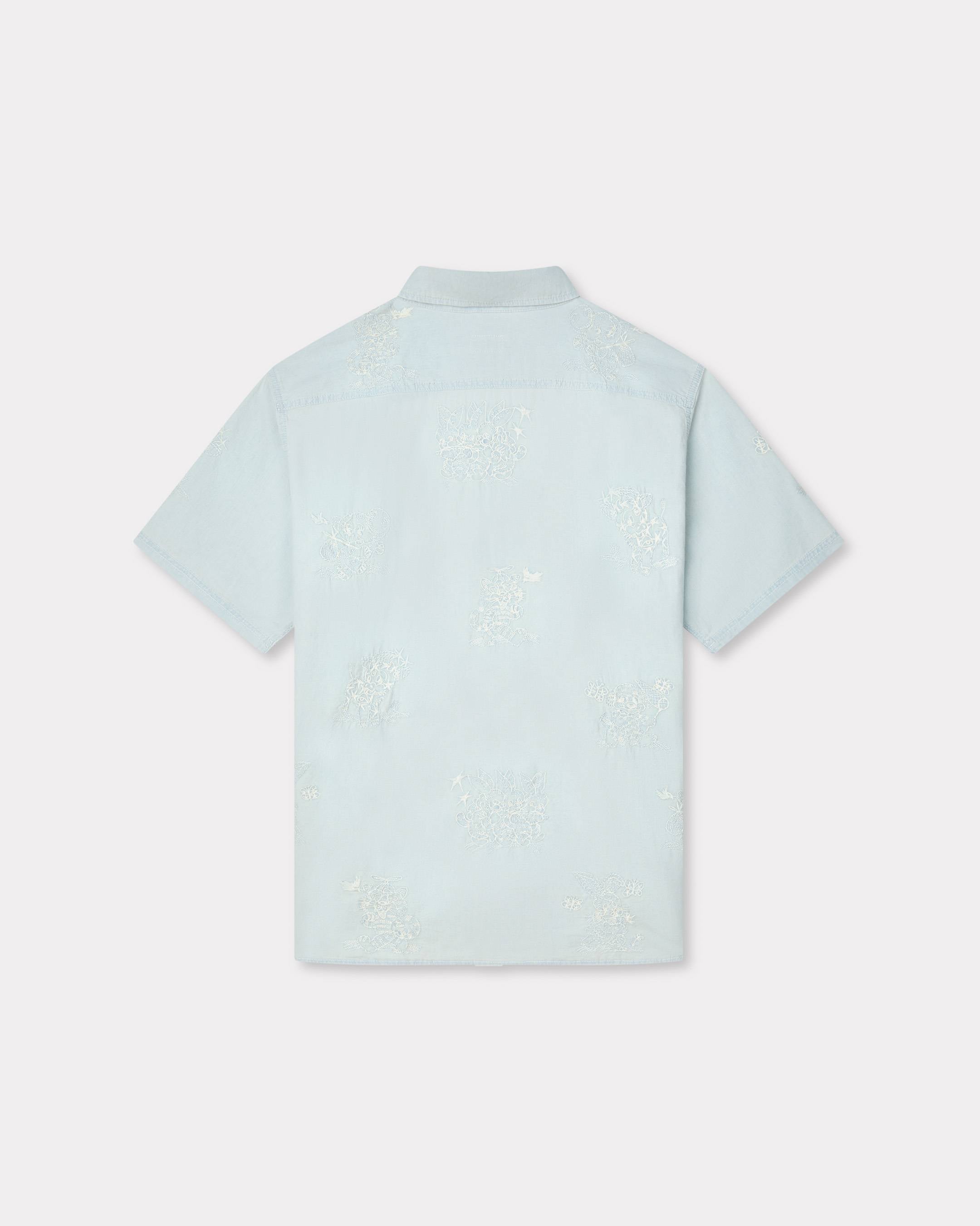Kenzo Cartoon Embroidered Short Sleeve Shirt In Stone Bleach Chambray