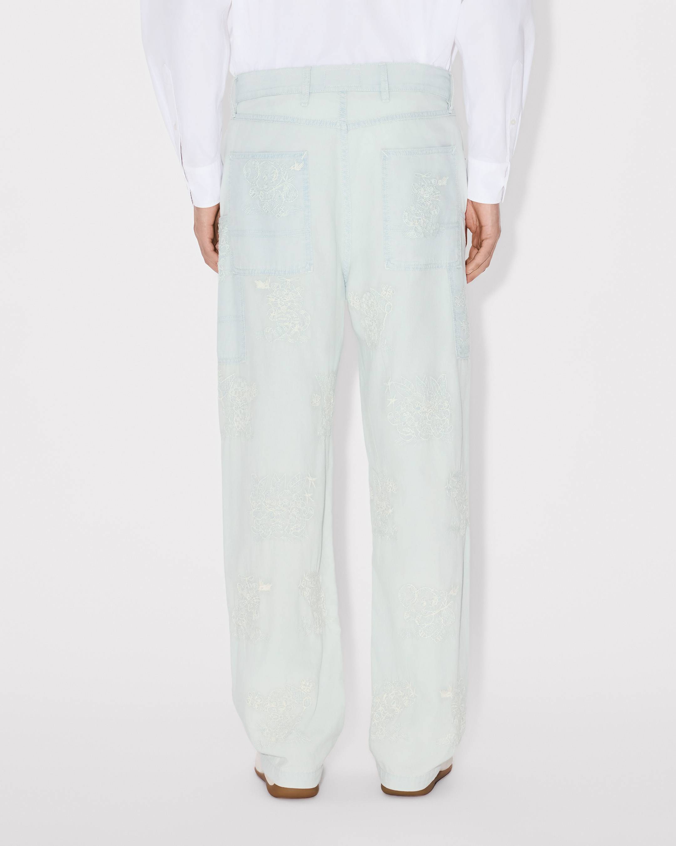 Kenzo Cartoon Embroidered Cargo Monkey Fit Jeans In Stone Bleach Chambray