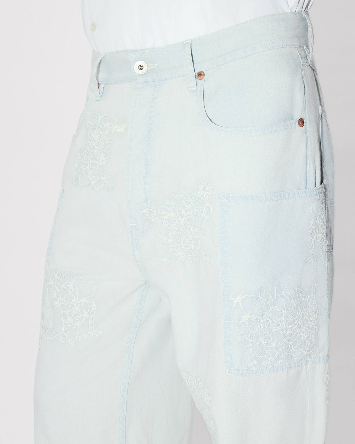 Kenzo Cartoon Embroidered Cargo Monkey Fit Jeans In Stone Bleach Chambray