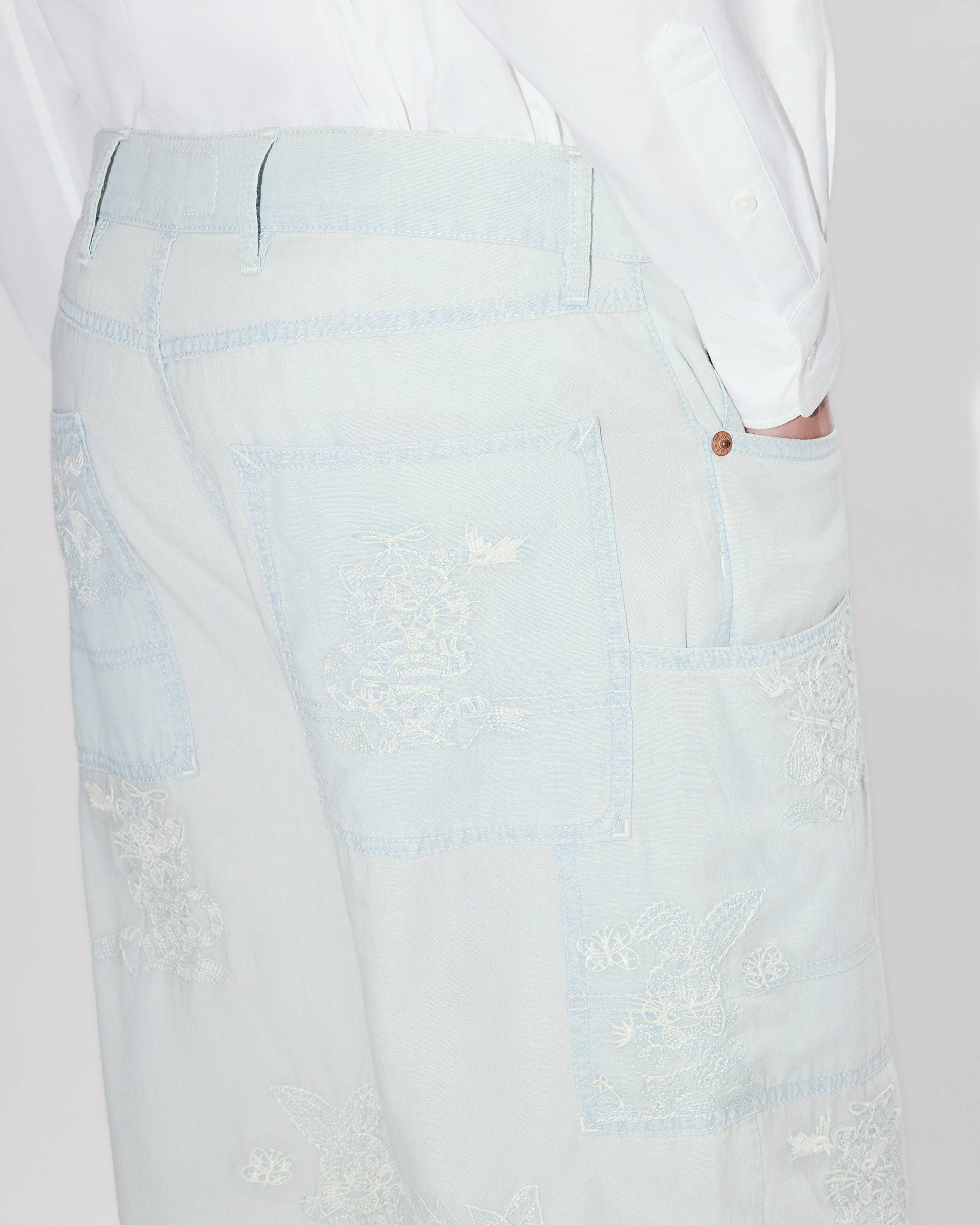 Kenzo Cartoon Embroidered Cargo Monkey Fit Jeans In Stone Bleach Chambray
