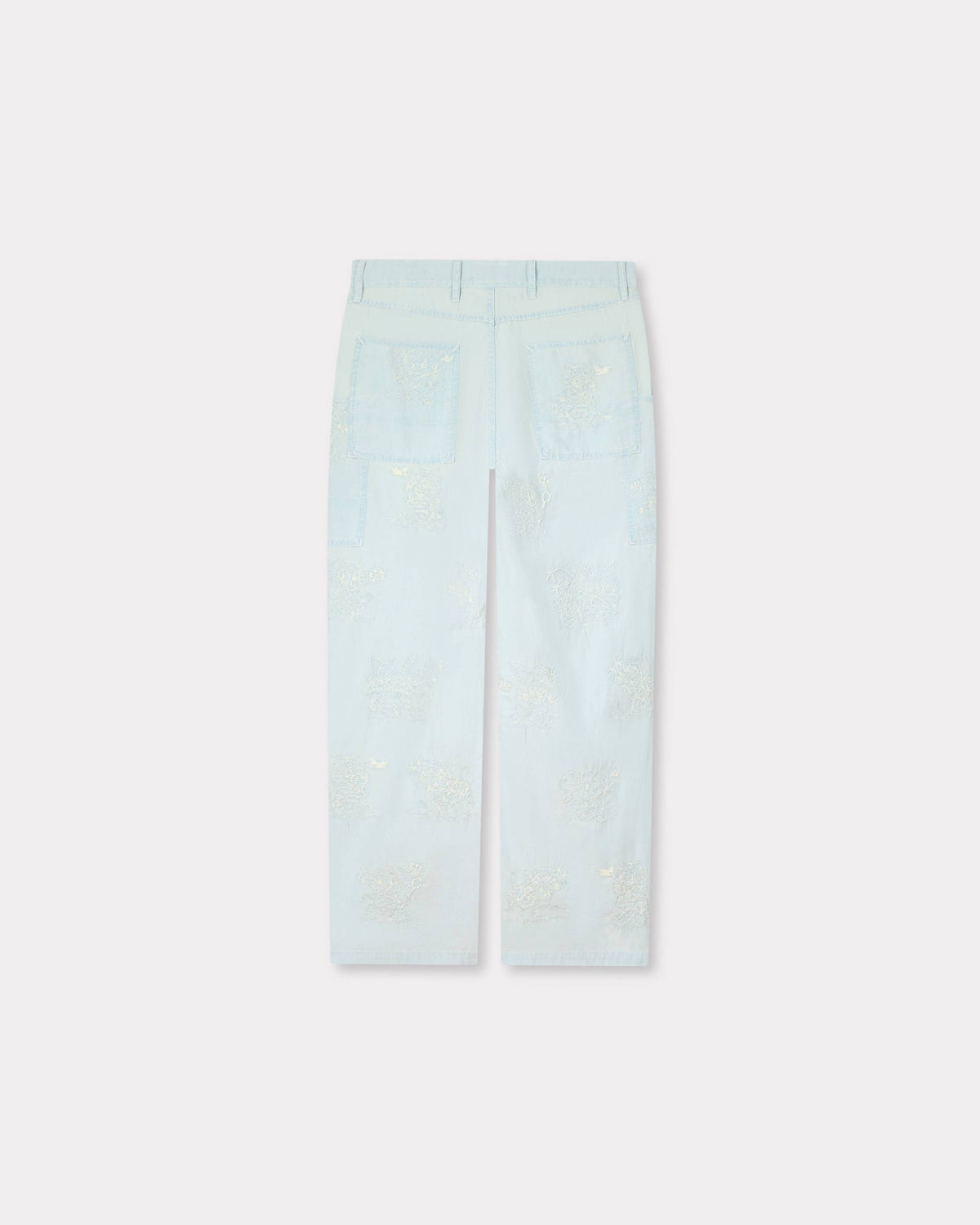 Kenzo Cartoon Embroidered Cargo Monkey Fit Jeans In Stone Bleach Chambray
