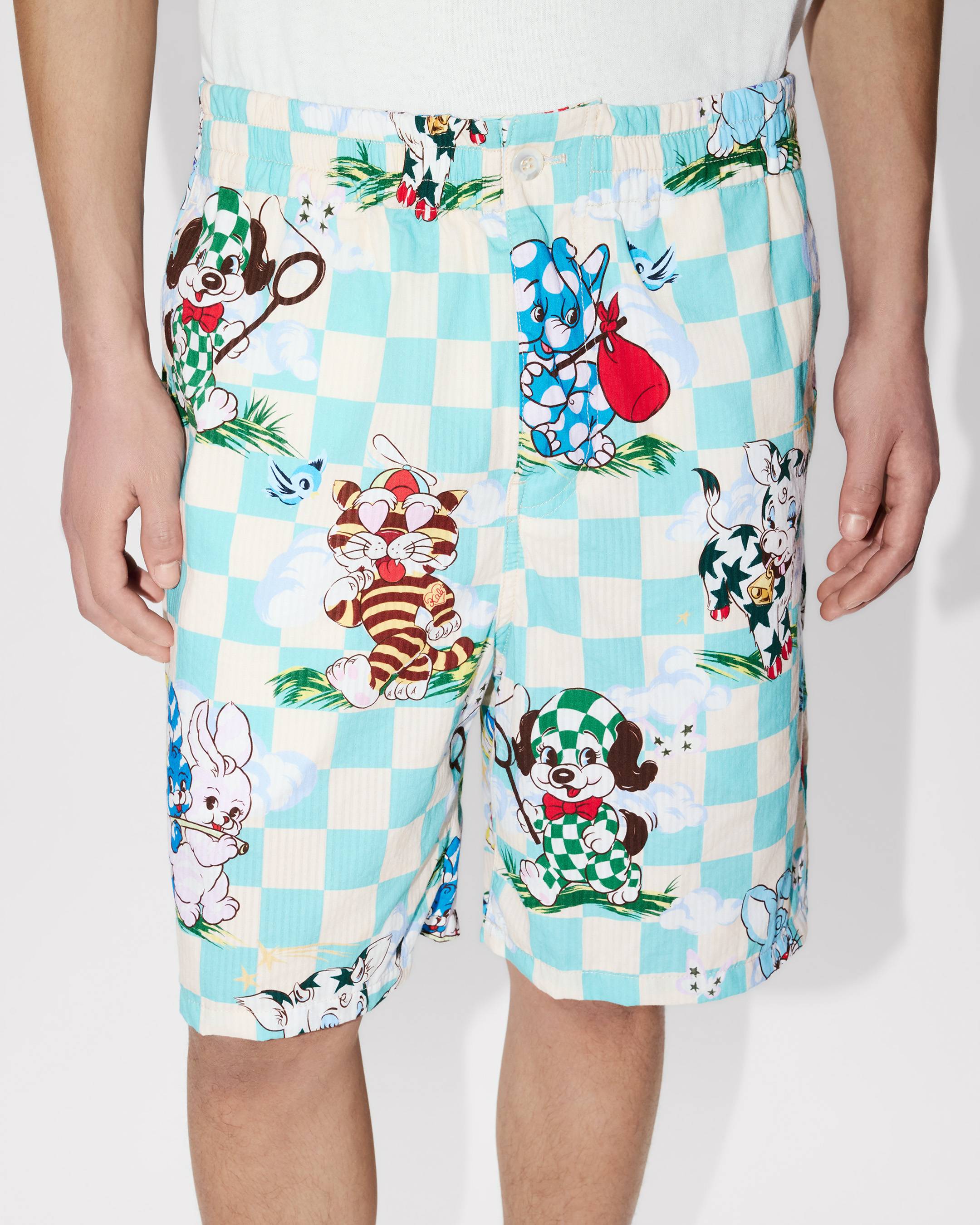 Kenzo Cartoon Elasticated Shorts In Cotton Seersucker
