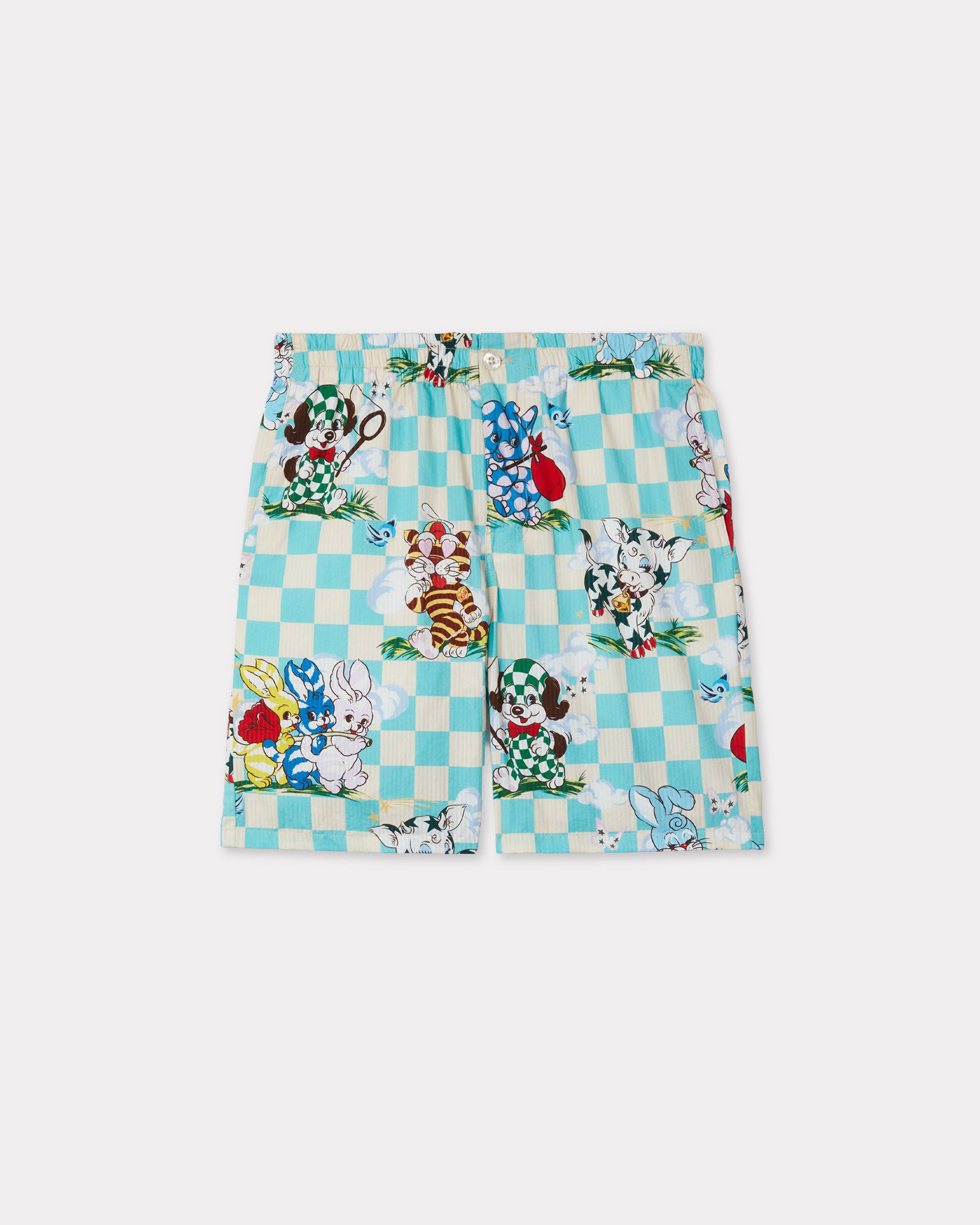 Kenzo Cartoon Elasticated Shorts In Cotton Seersucker