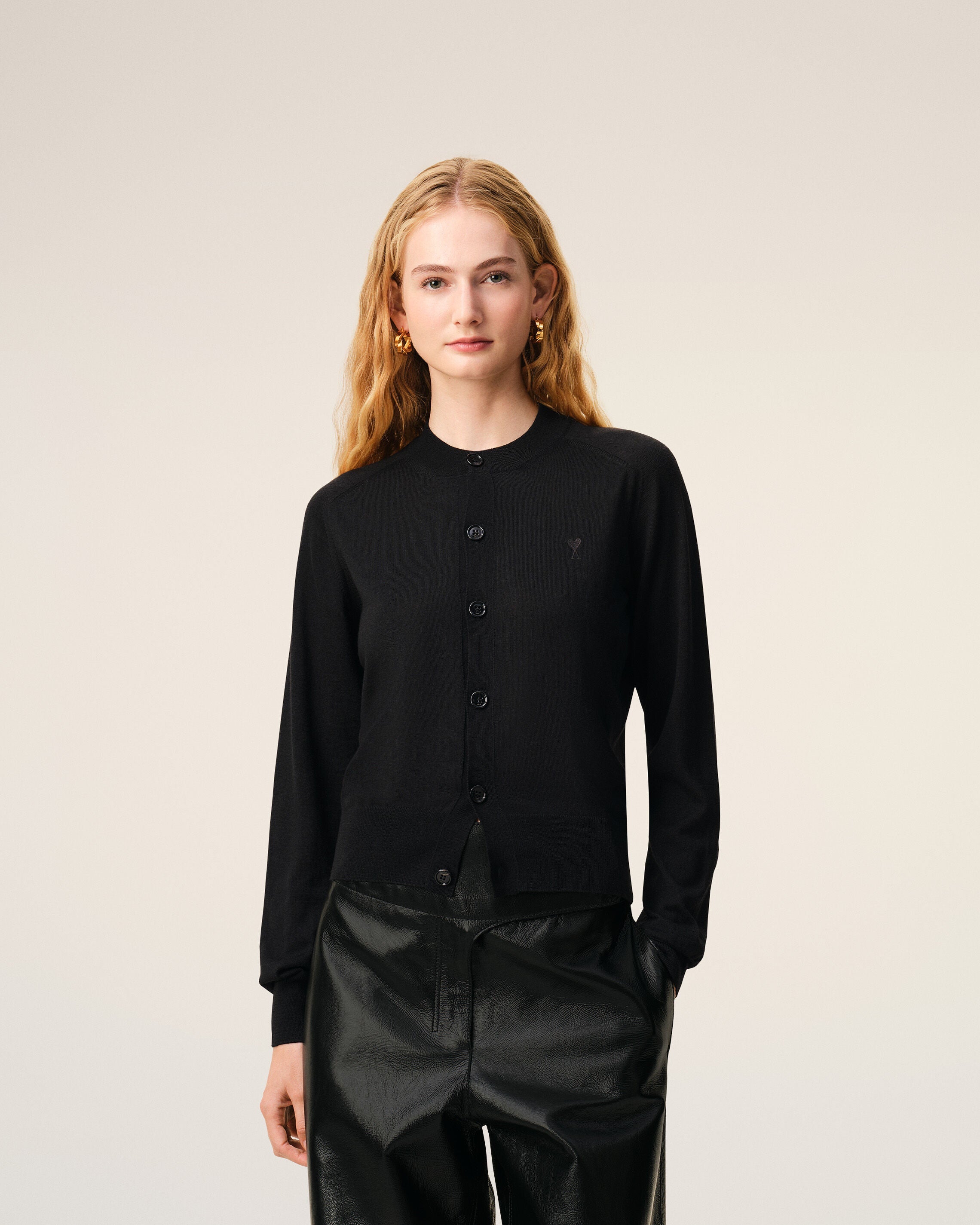 Black Wool Crewneck Ami De Coeur Cardigan Women's