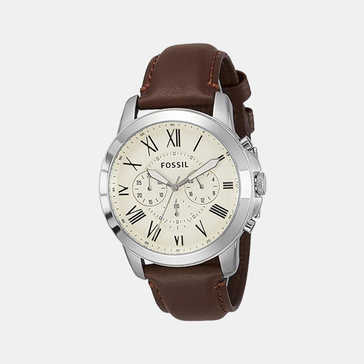 Fossil Grant Men Quartz Cream Dial Chronograph Leather Watch Fs4735
