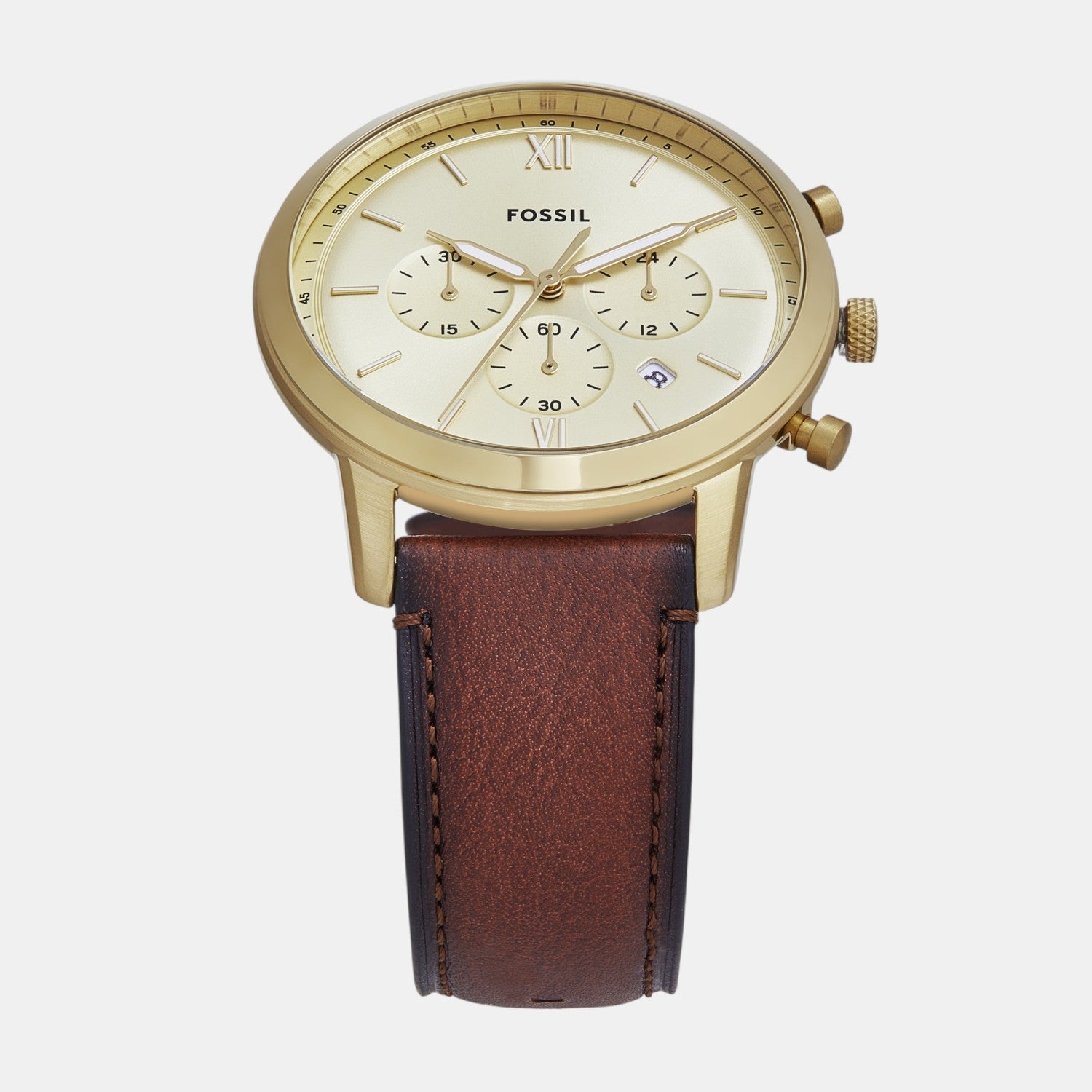 Fossil Neutra Men Quartz Gold Dial Chronograph Leather Watch Fs6113