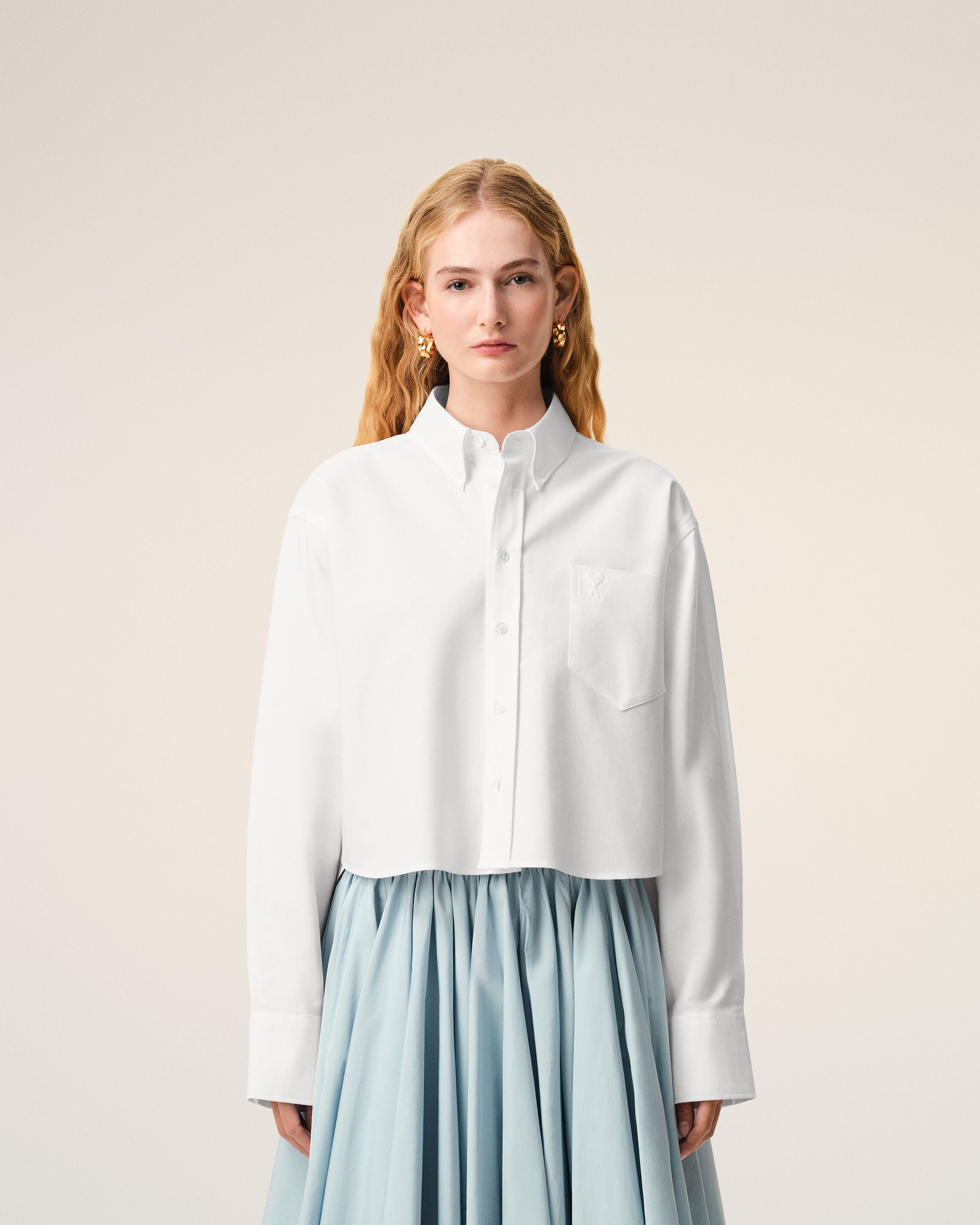 White Cotton Cropped Embossed Ami De Coeur Shirt Women's