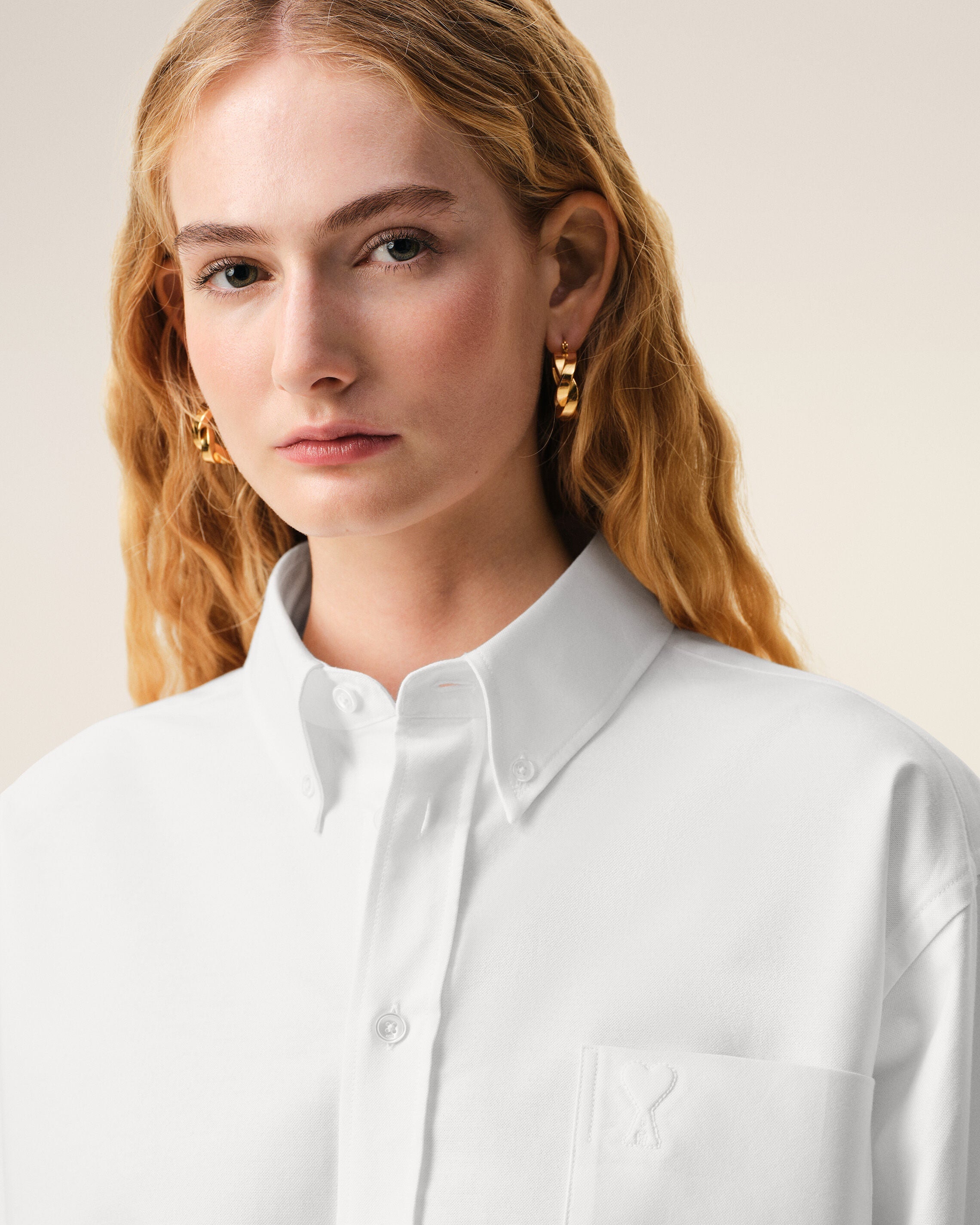 White Cotton Cropped Embossed Ami De Coeur Shirt Women's