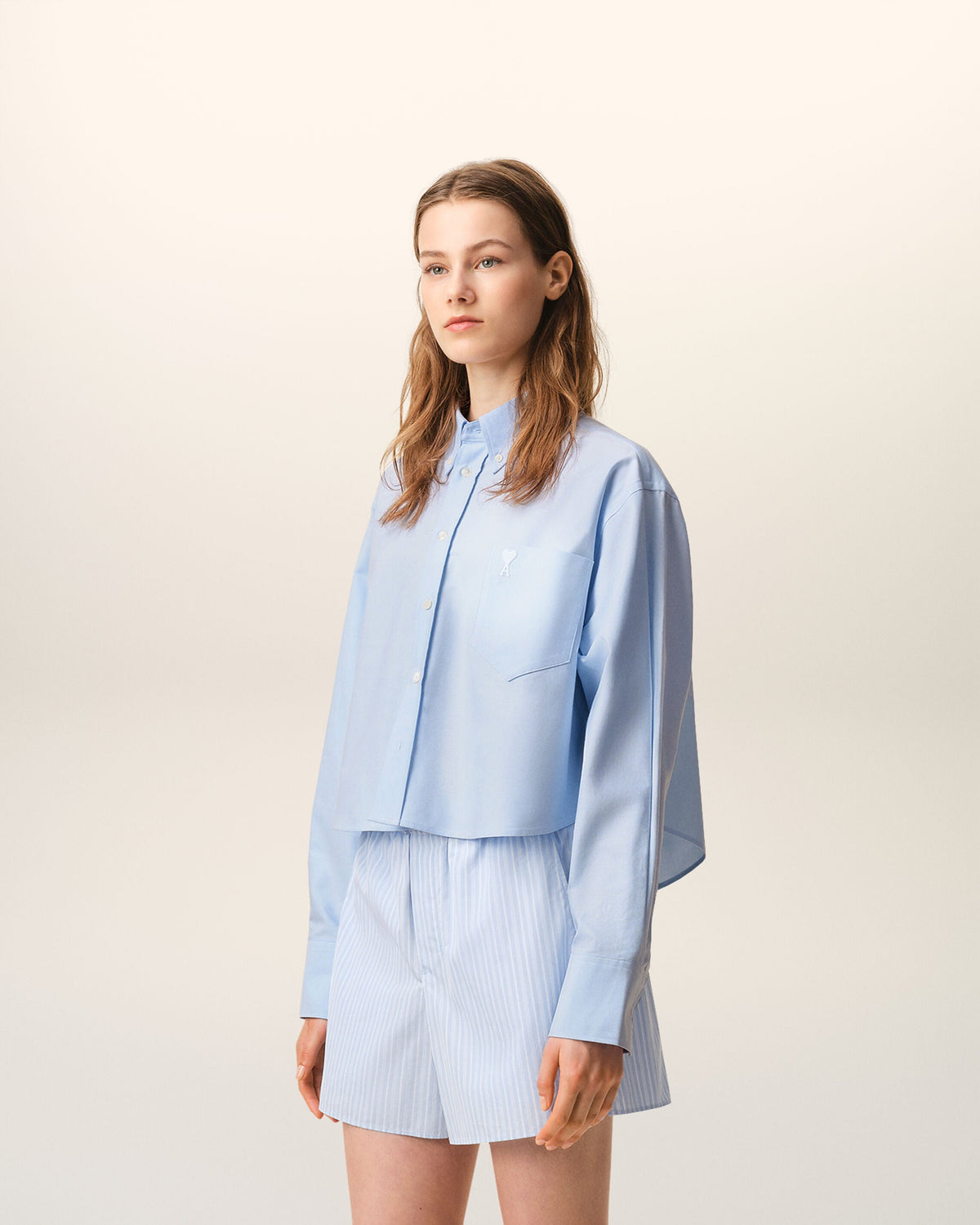 Blue Cotton Cropped Embossed Ami De Coeur Shirt Women's