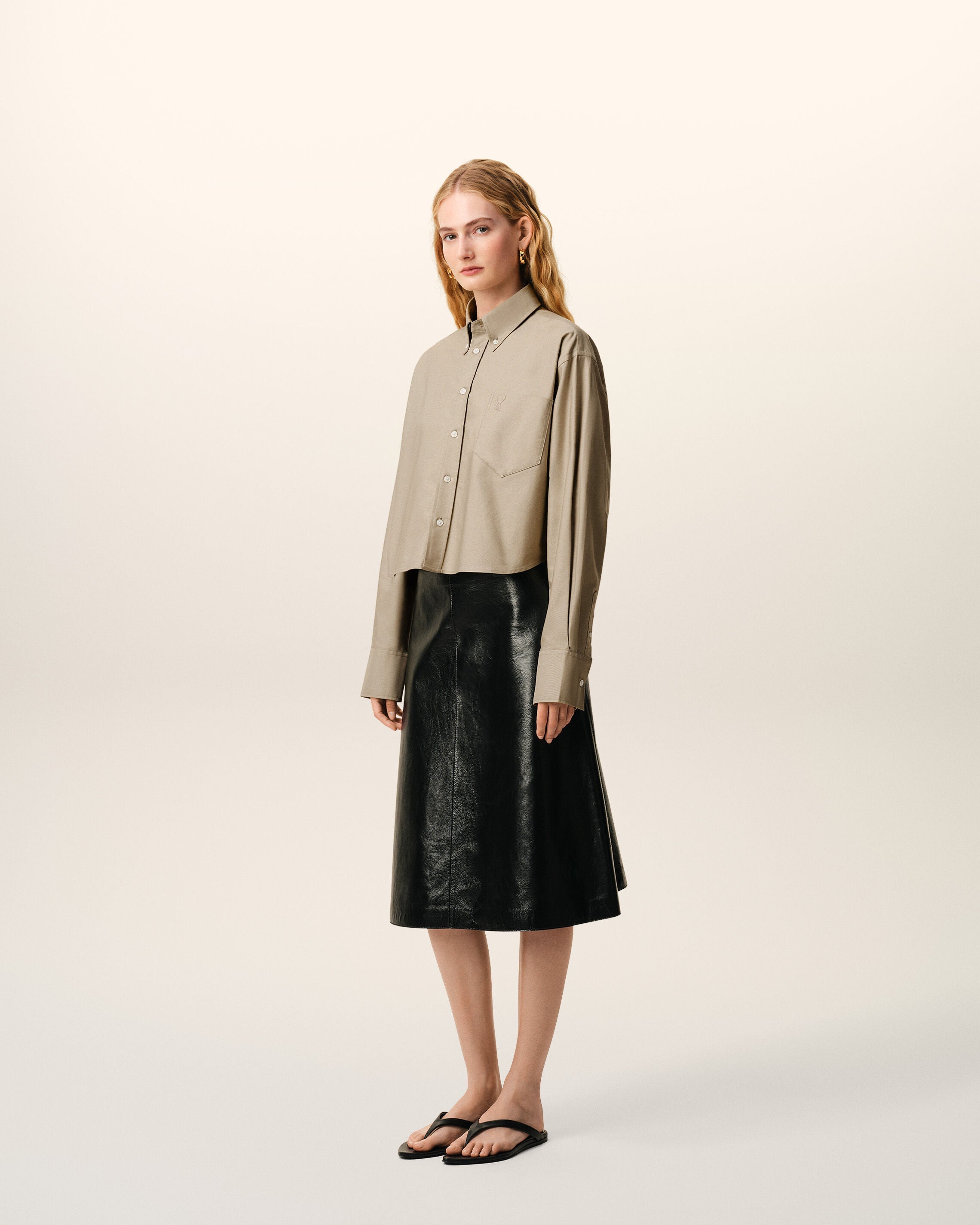 Beige Cotton Cropped Embossed Ami De Coeur Shirt Women's