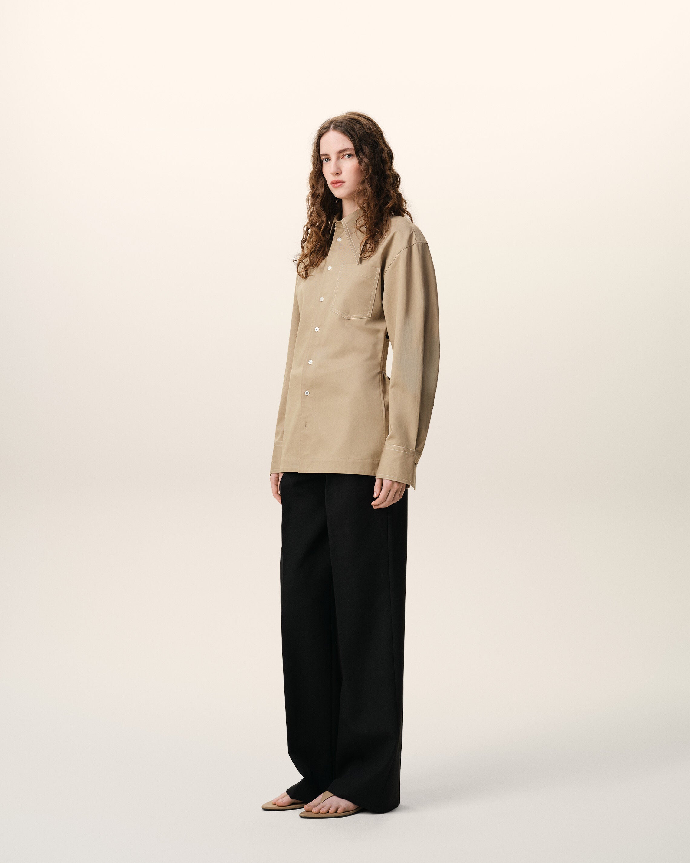 AmiParis Beige Cotton Sharp Collar Fitted Shirt Women's