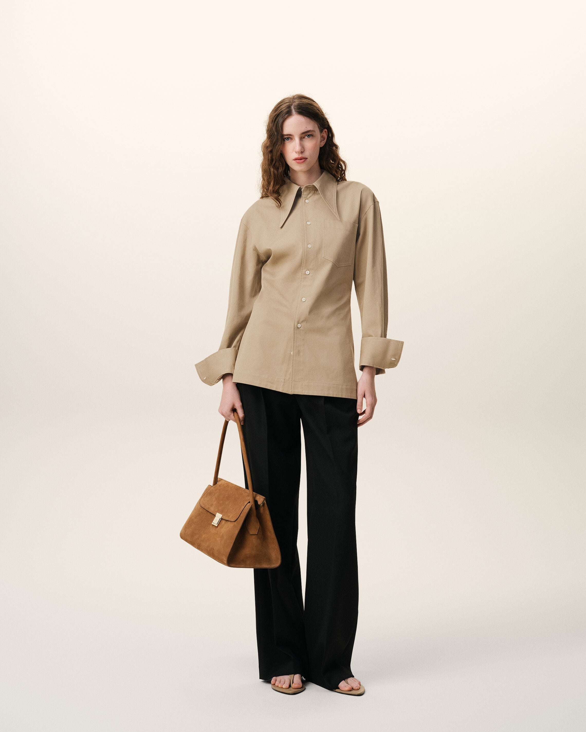 AmiParis Beige Cotton Sharp Collar Fitted Shirt Women's