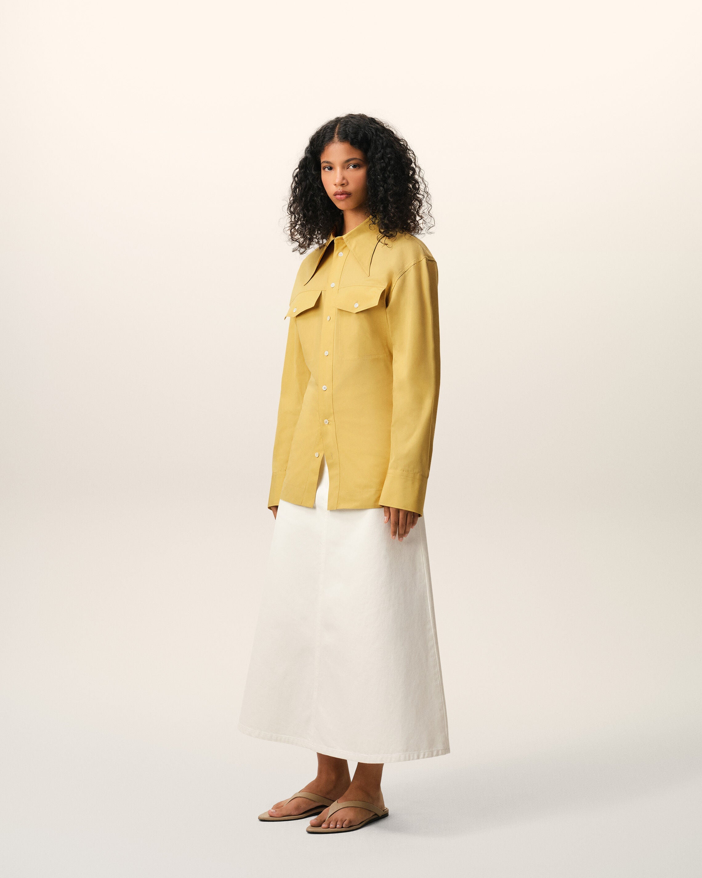 AmiParis Yellow Cotton Sharp Collar Fitted Shirt Women's