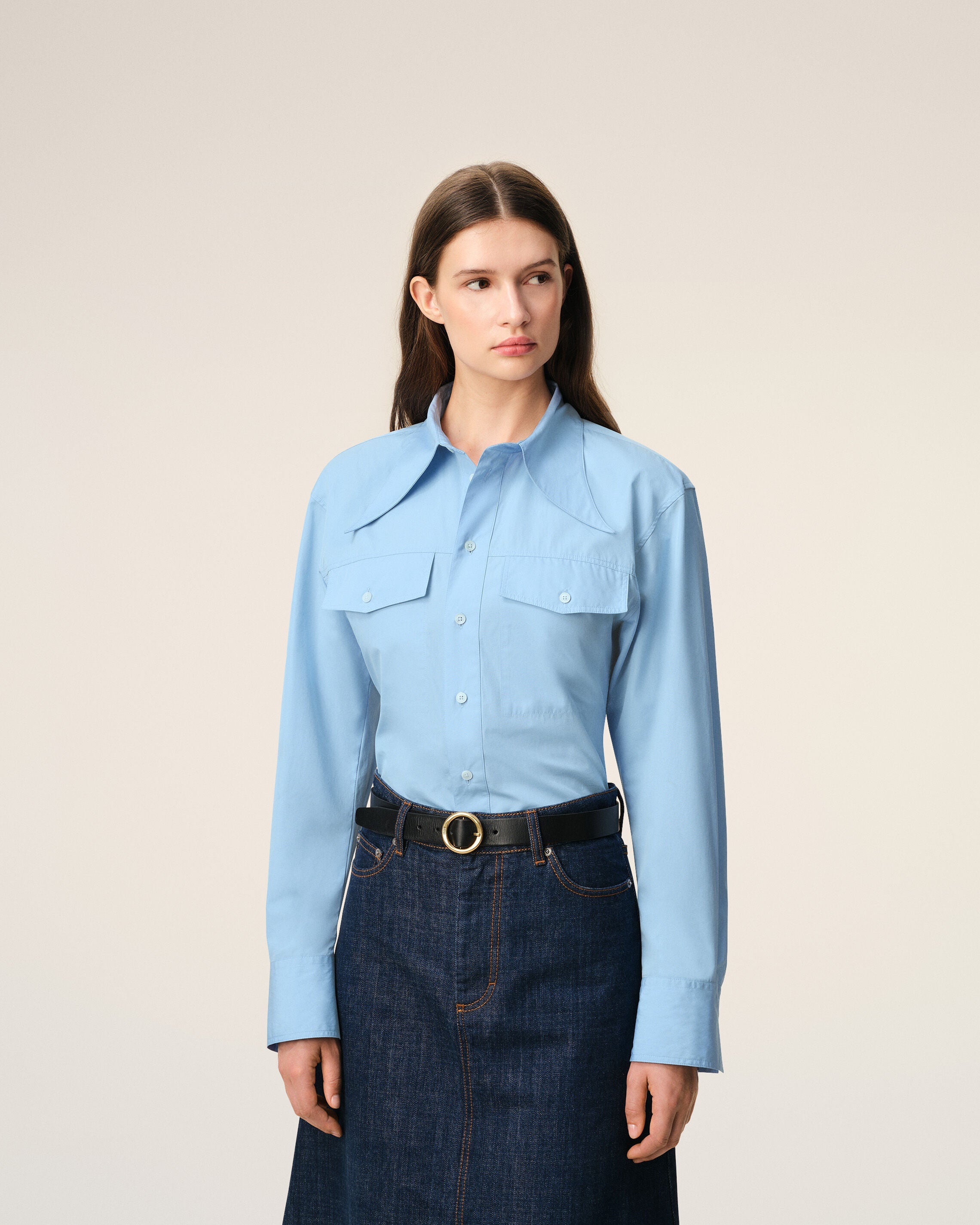 AmiParis Blue Cotton Sharp Collar Fitted Shirt Women's