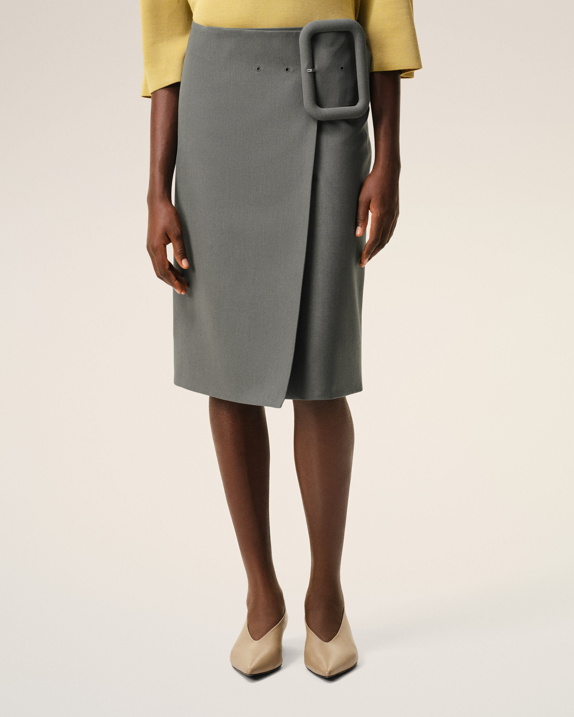 AmiParis Grey New Wool Big Buckle Belted Midi Skirt Women's