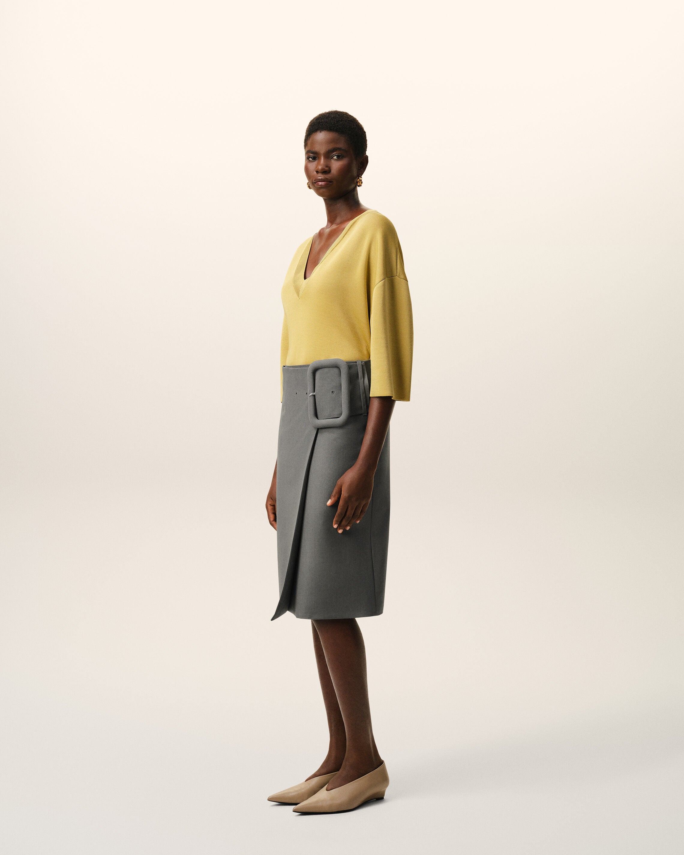 AmiParis Grey New Wool Big Buckle Belted Midi Skirt Women's