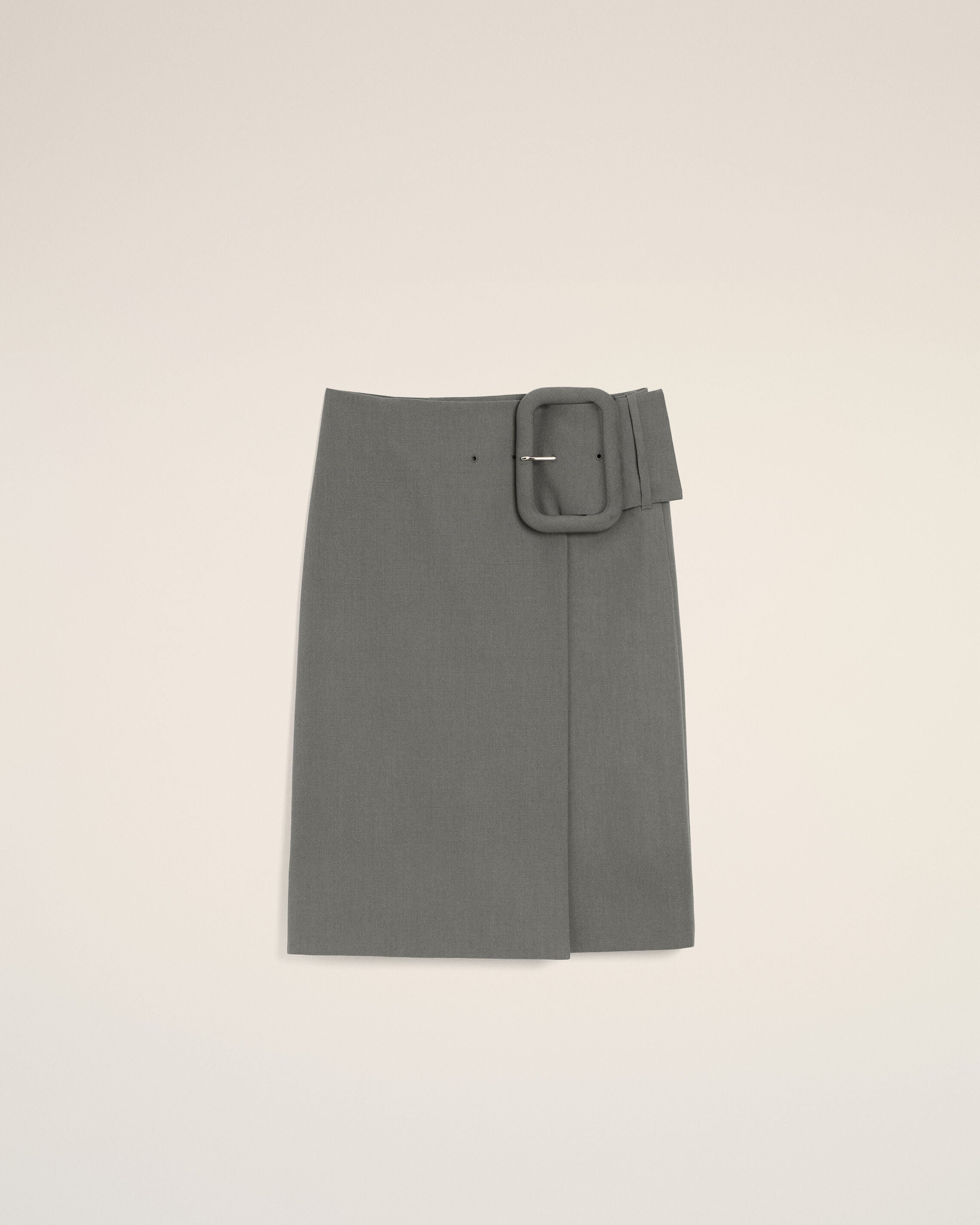 AmiParis Grey New Wool Big Buckle Belted Midi Skirt Women's