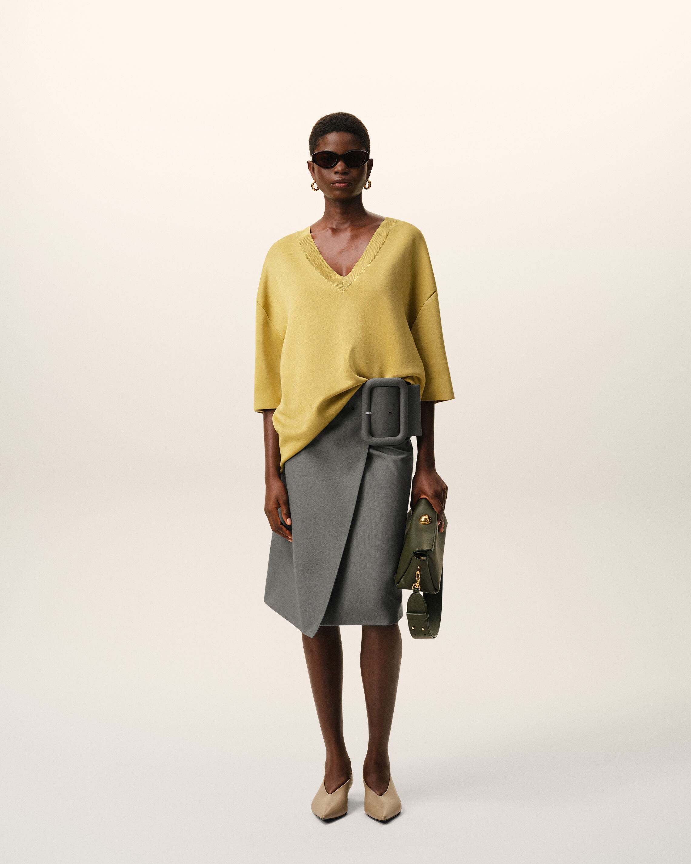 AmiParis Grey New Wool Big Buckle Belted Midi Skirt Women's