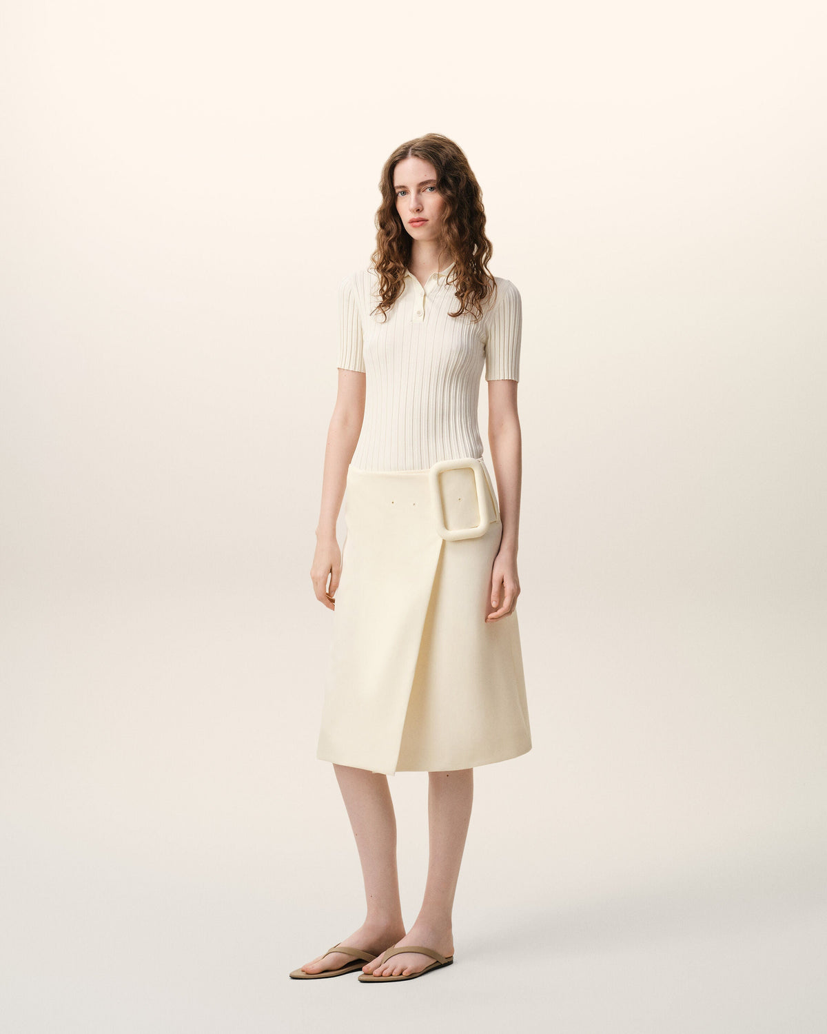 AmiParis White New Wool Big Buckle Belted Midi Skirt Women's