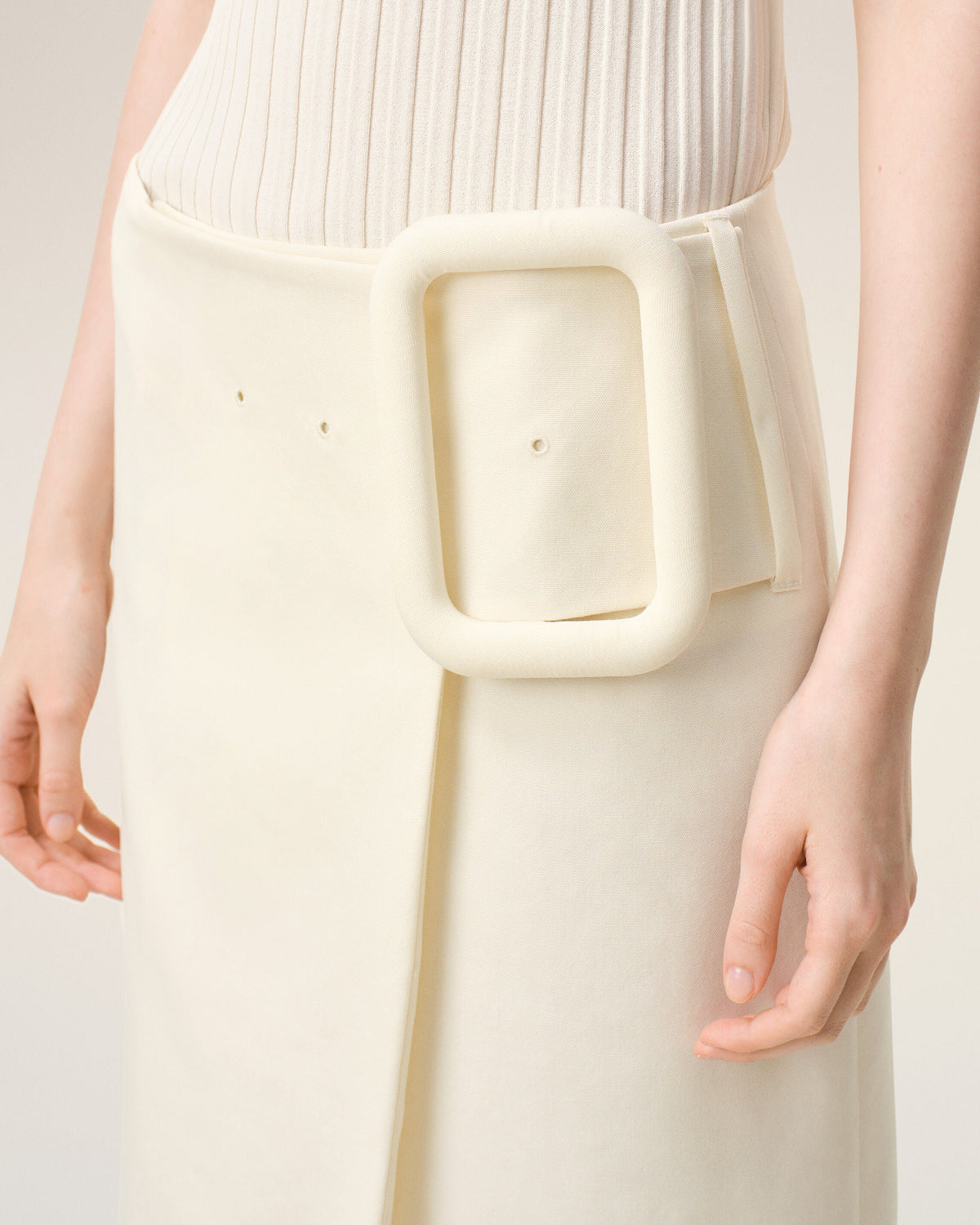 AmiParis White New Wool Big Buckle Belted Midi Skirt Women's
